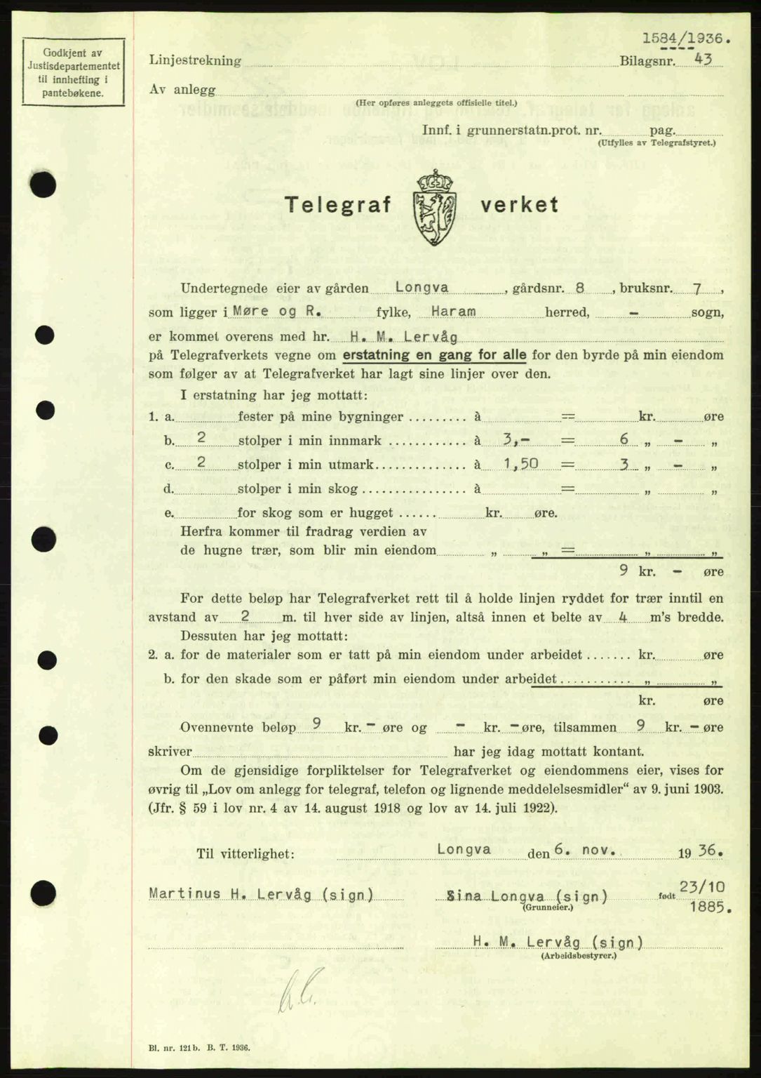 Nordre Sunnmøre sorenskriveri, AV/SAT-A-0006/1/2/2C/2Ca: Mortgage book no. A2, 1936-1937, Diary no: : 1584/1936