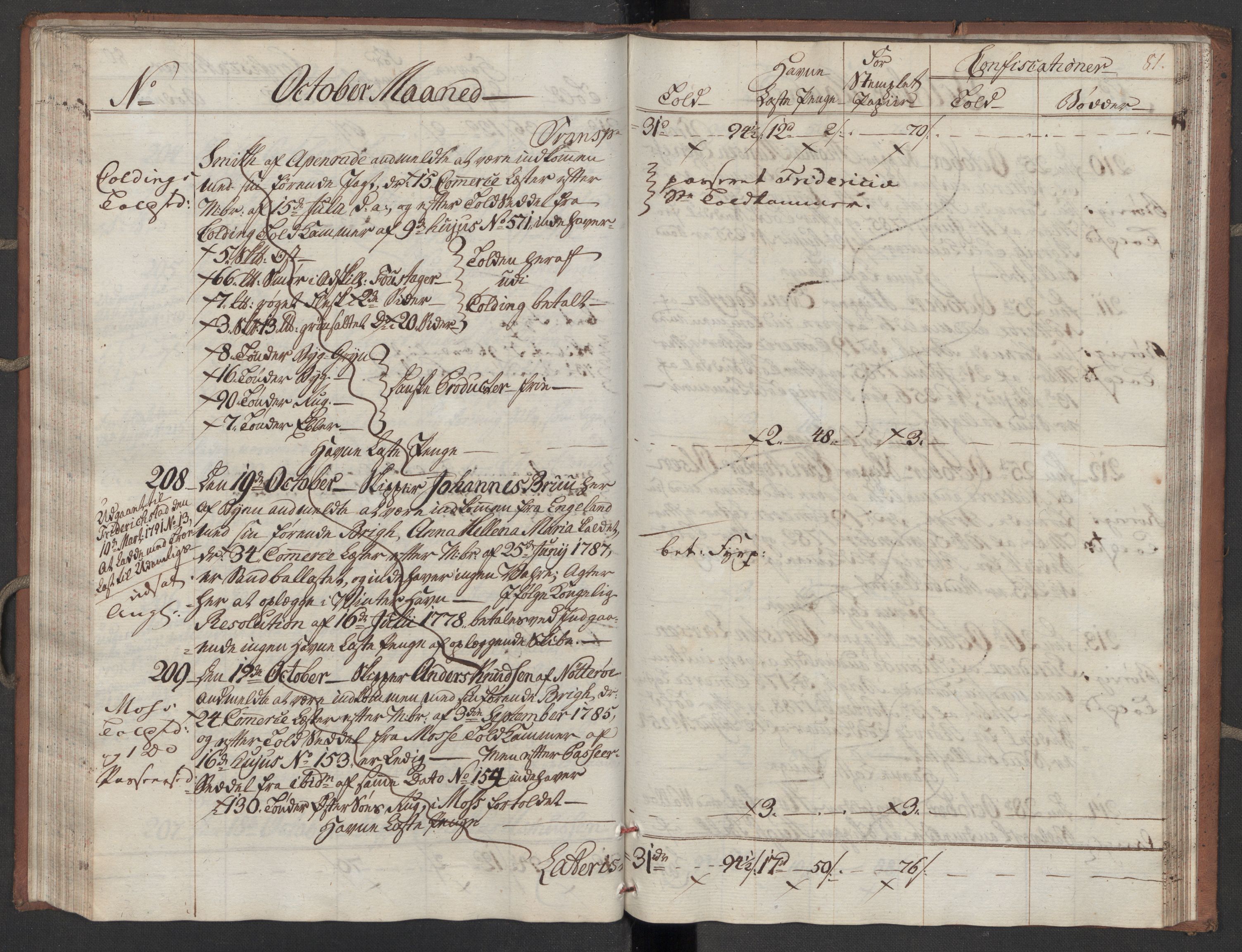 Generaltollkammeret, tollregnskaper, AV/RA-EA-5490/R10/L0052/0001: Tollregnskaper Tønsberg / Inngående tollbok, 1790, p. 80b-81a