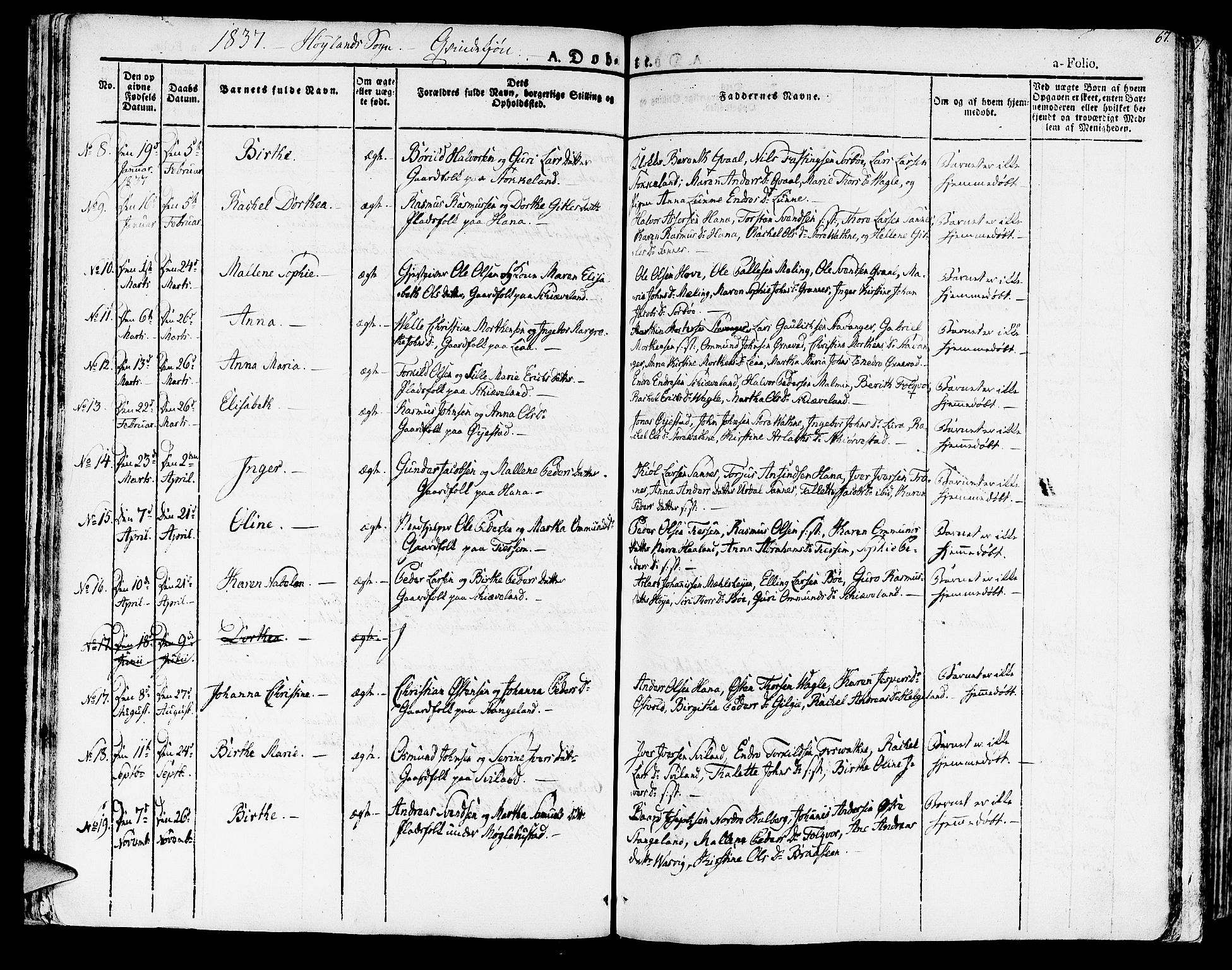 Høyland sokneprestkontor, SAST/A-101799/001/30BA/L0007: Parish register (official) no. A 7 /1, 1825-1841, p. 67