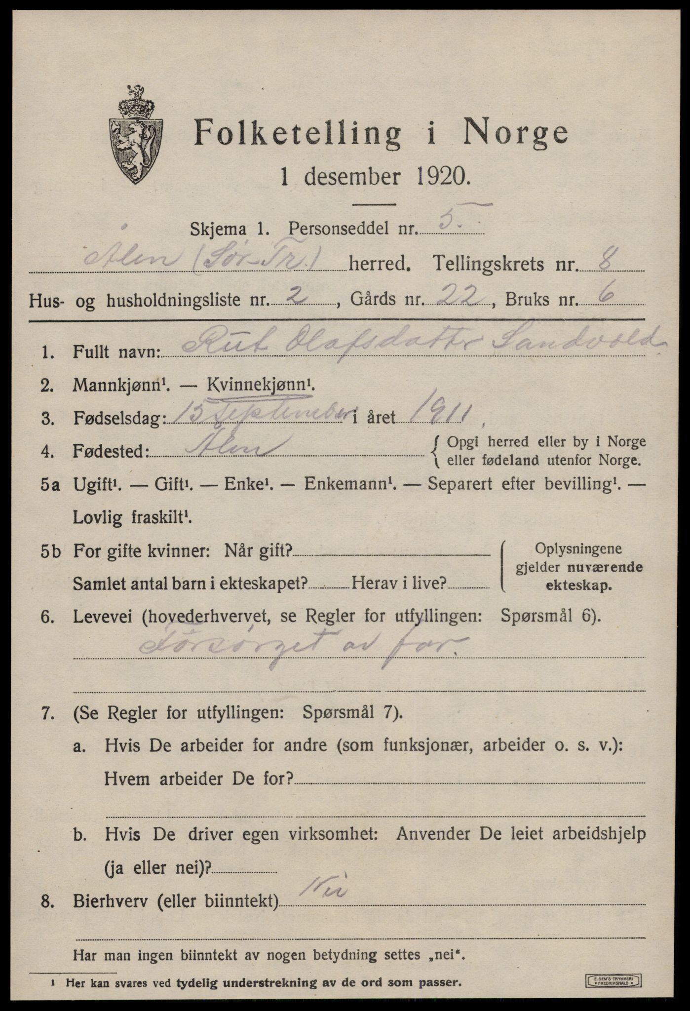 SAT, 1920 census for Ålen, 1920, p. 3606