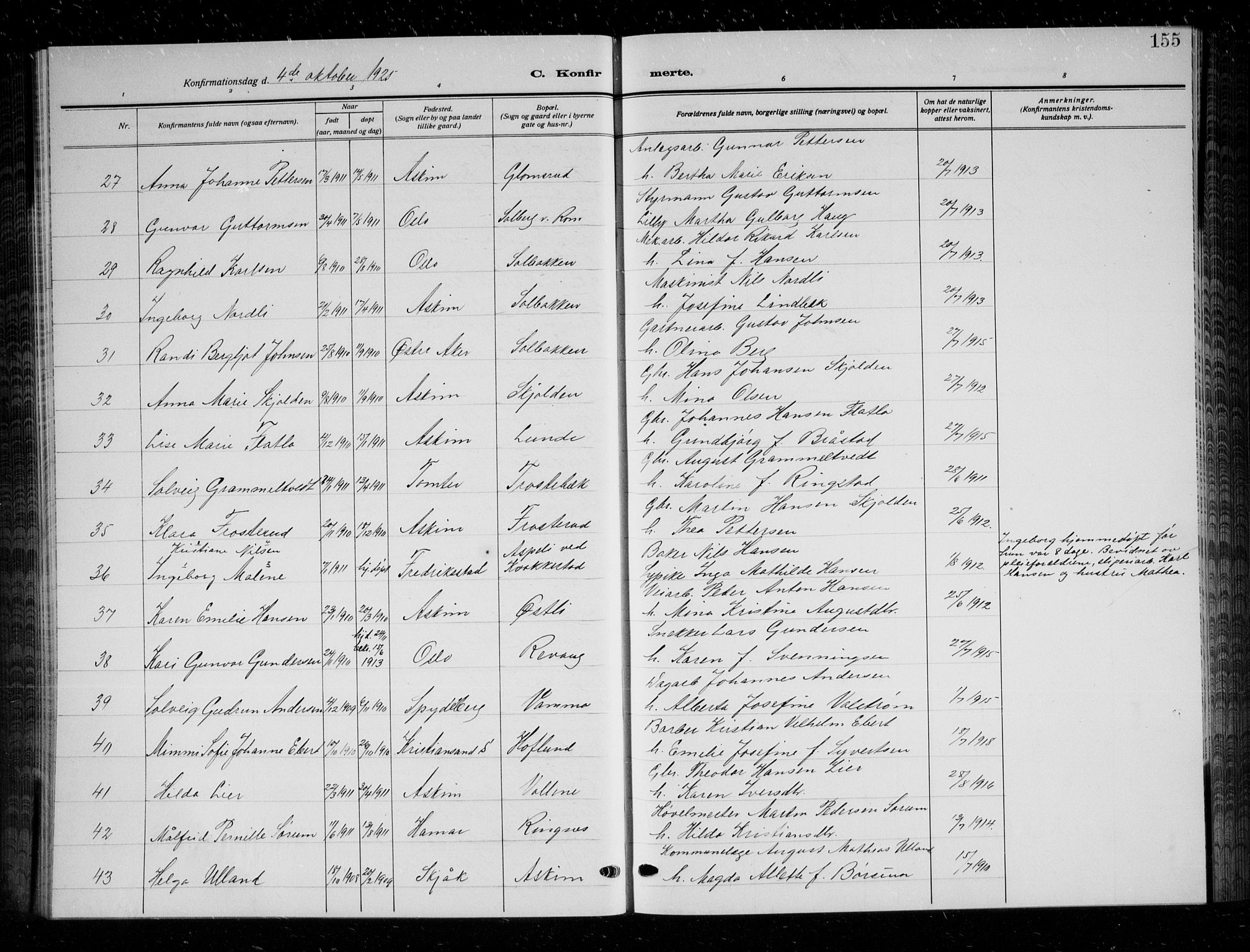 Askim prestekontor Kirkebøker, AV/SAO-A-10900/G/Ga/L0003: Parish register (copy) no. 3, 1921-1937, p. 155