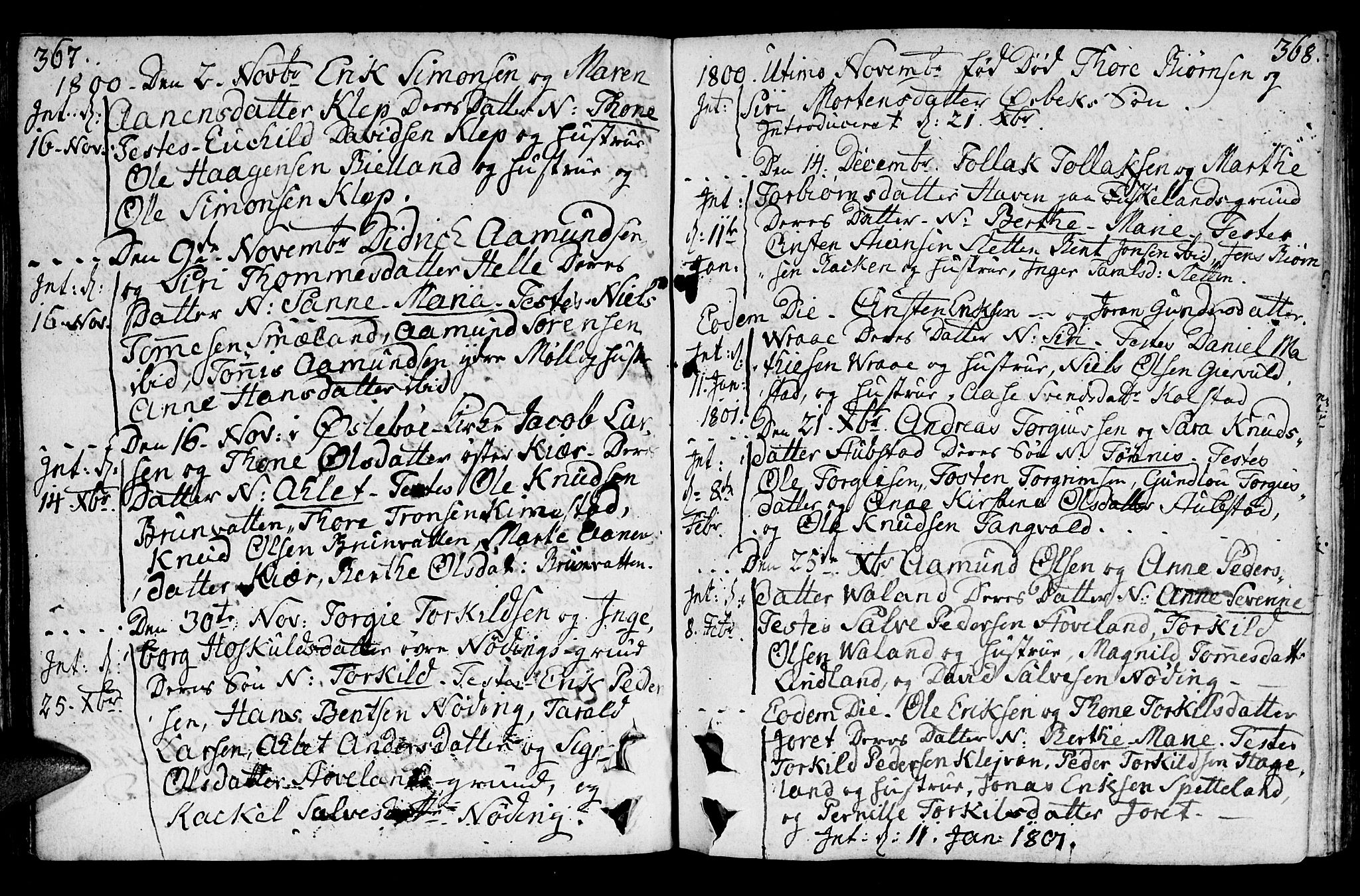 Holum sokneprestkontor, AV/SAK-1111-0022/F/Fa/Faa/L0003: Parish register (official) no. A 3, 1780-1821, p. 367-368