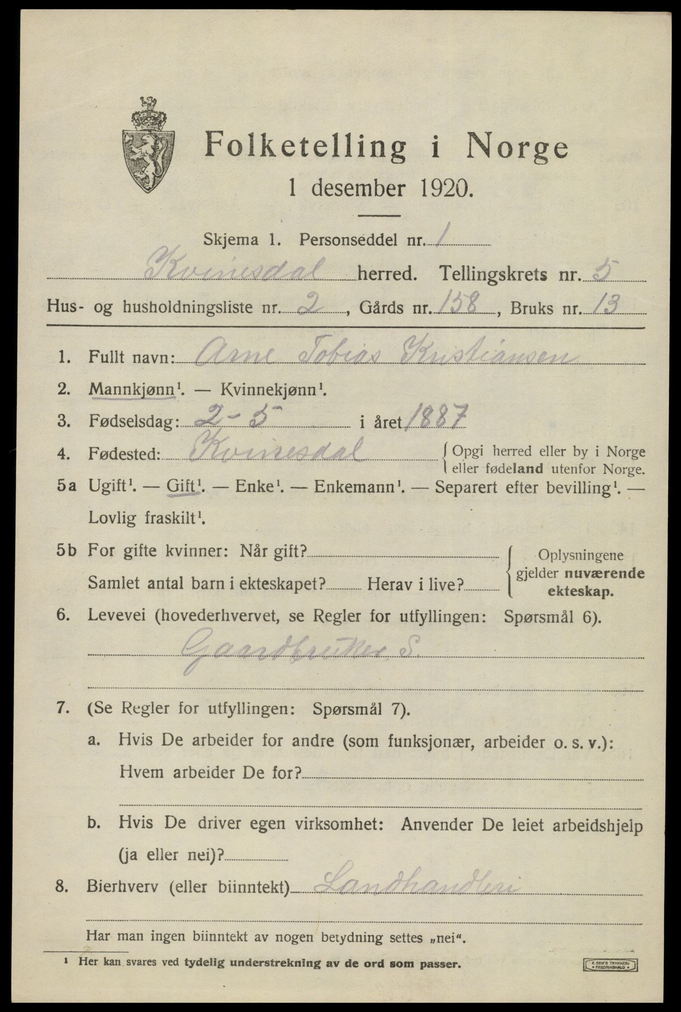 SAK, 1920 census for Kvinesdal, 1920, p. 5719