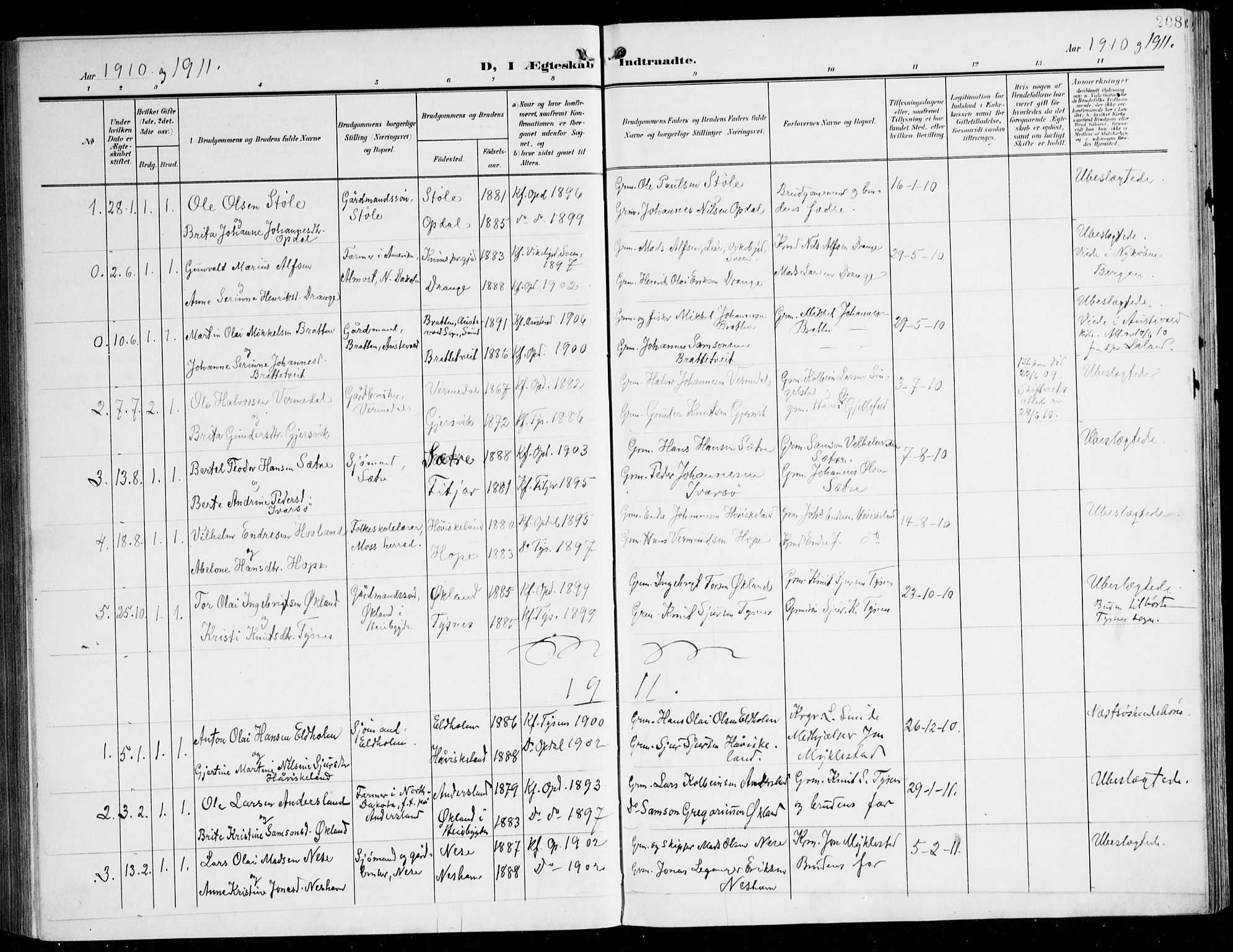 Tysnes sokneprestembete, SAB/A-78601/H/Haa: Parish register (official) no. D 2, 1905-1922, p. 208
