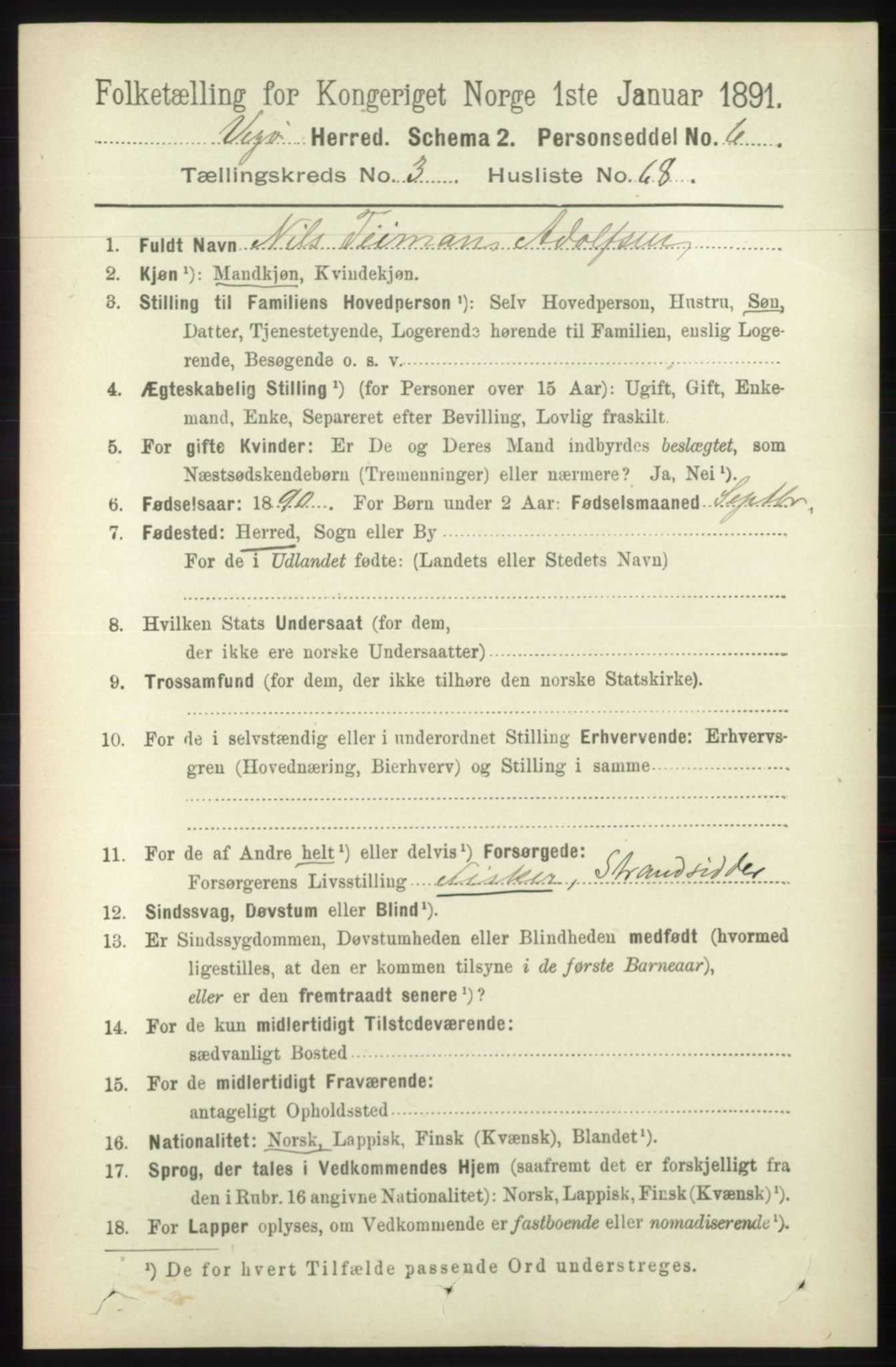 RA, 1891 census for 1815 Vega, 1891, p. 1358