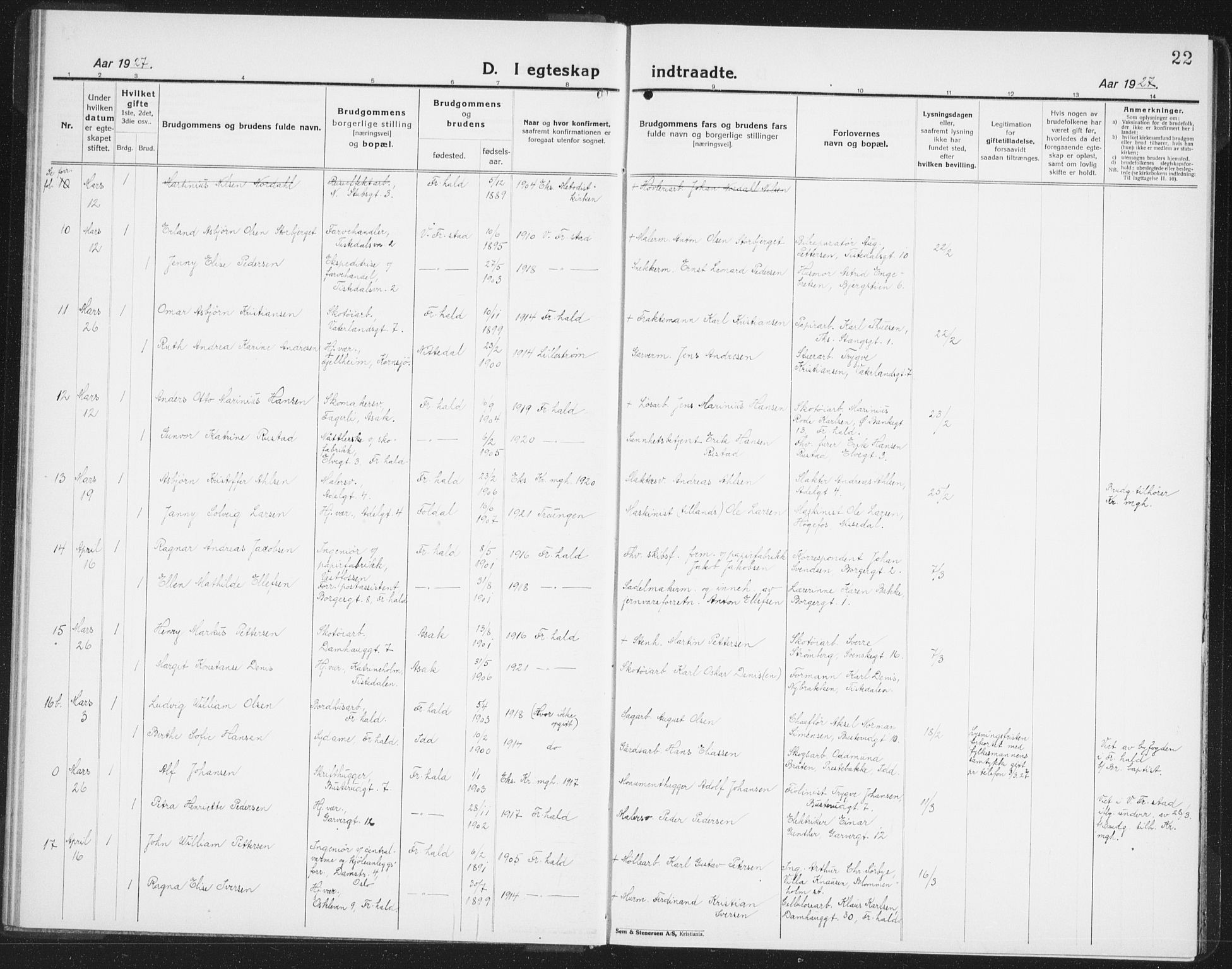 Halden prestekontor Kirkebøker, SAO/A-10909/G/Ga/L0014: Parish register (copy) no. 14, 1925-1943, p. 22