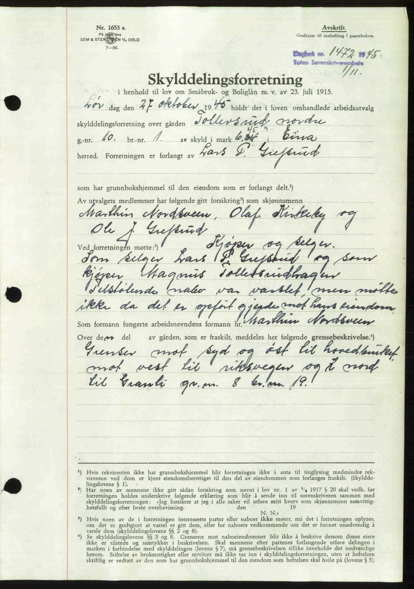 Toten tingrett, SAH/TING-006/H/Hb/Hbc/L0013: Mortgage book no. Hbc-13, 1945-1945, Diary no: : 1472/1945