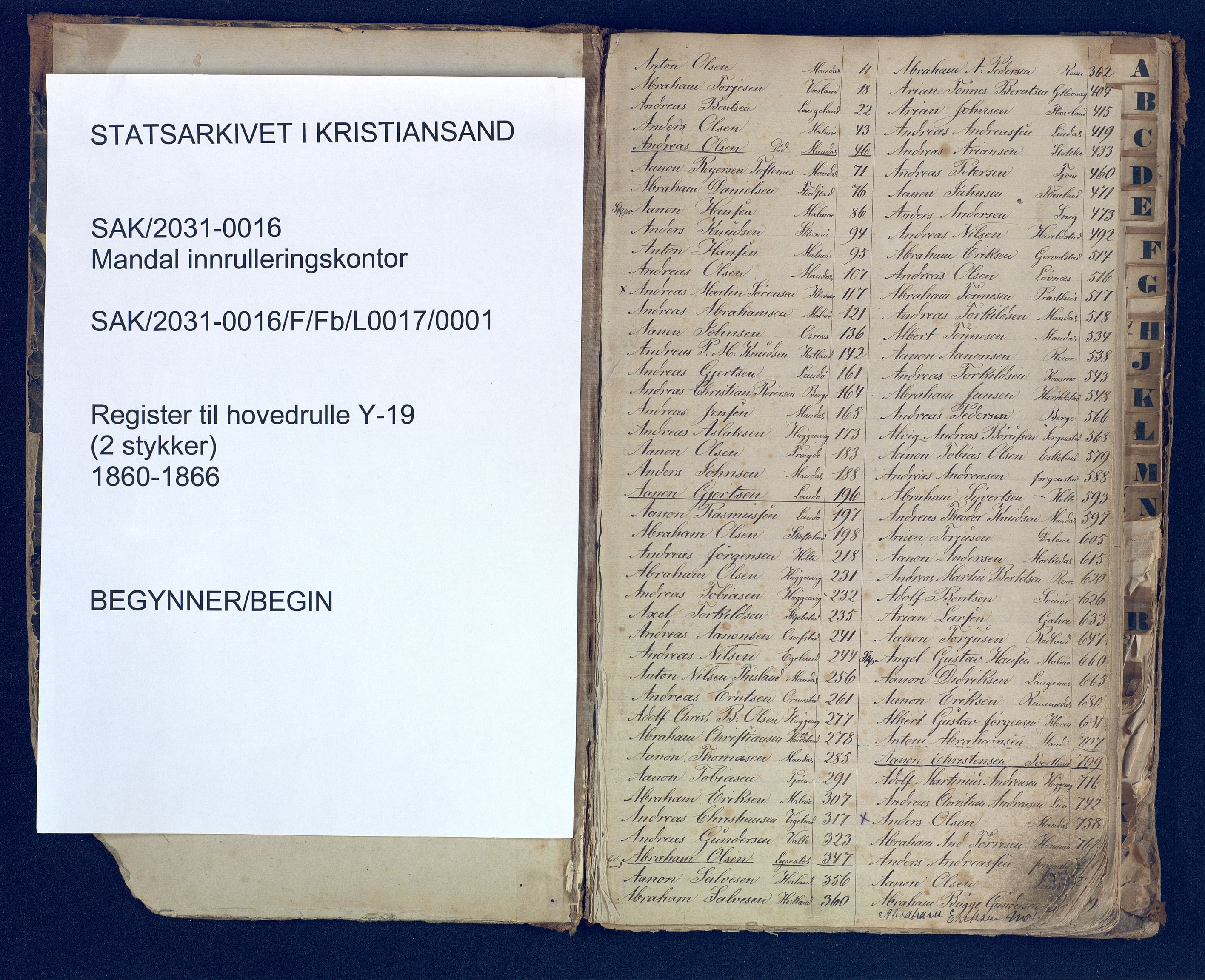 Mandal mønstringskrets, SAK/2031-0016/F/Fb/L0017/0001: Register til annontasjonsrulle og hovedrulle, Y-37 / Register til hovedrulle Y-19 (2 stykker), 1860-1866, p. 1