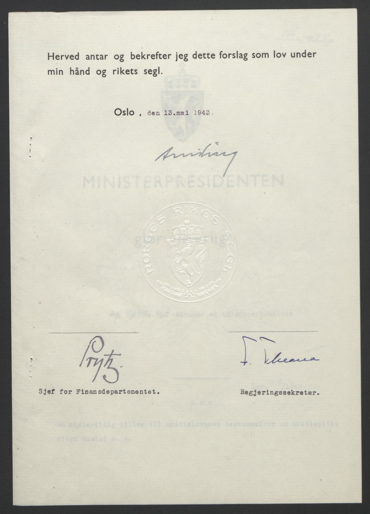 NS-administrasjonen 1940-1945 (Statsrådsekretariatet, de kommisariske statsråder mm), RA/S-4279/D/Db/L0099: Lover, 1943, p. 356