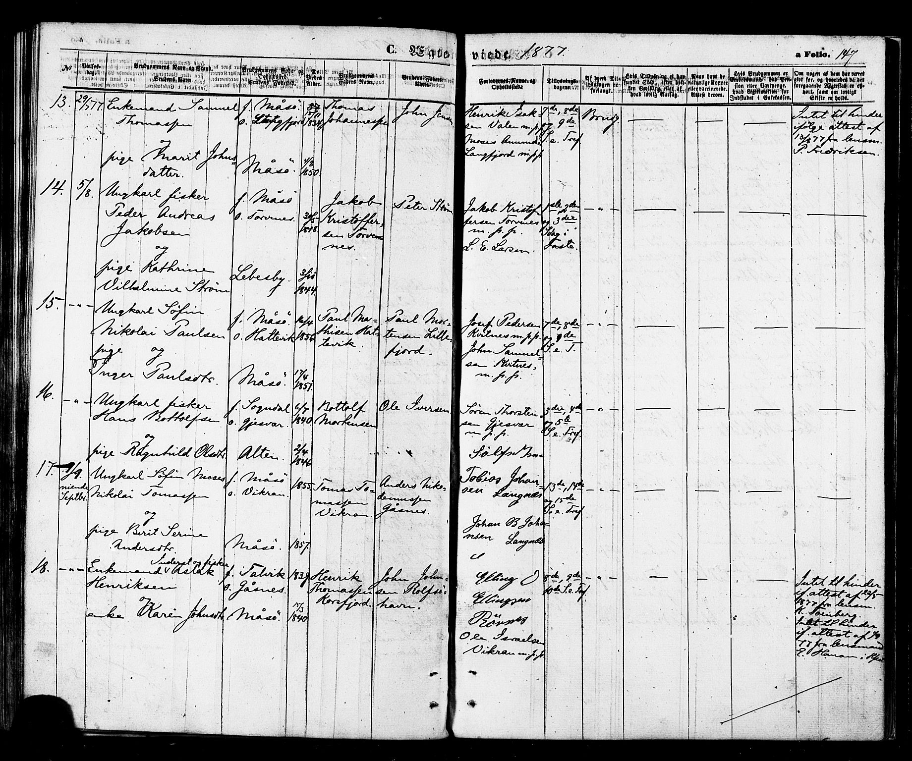 Måsøy sokneprestkontor, AV/SATØ-S-1348/H/Ha/L0003kirke: Parish register (official) no. 3, 1866-1877, p. 147