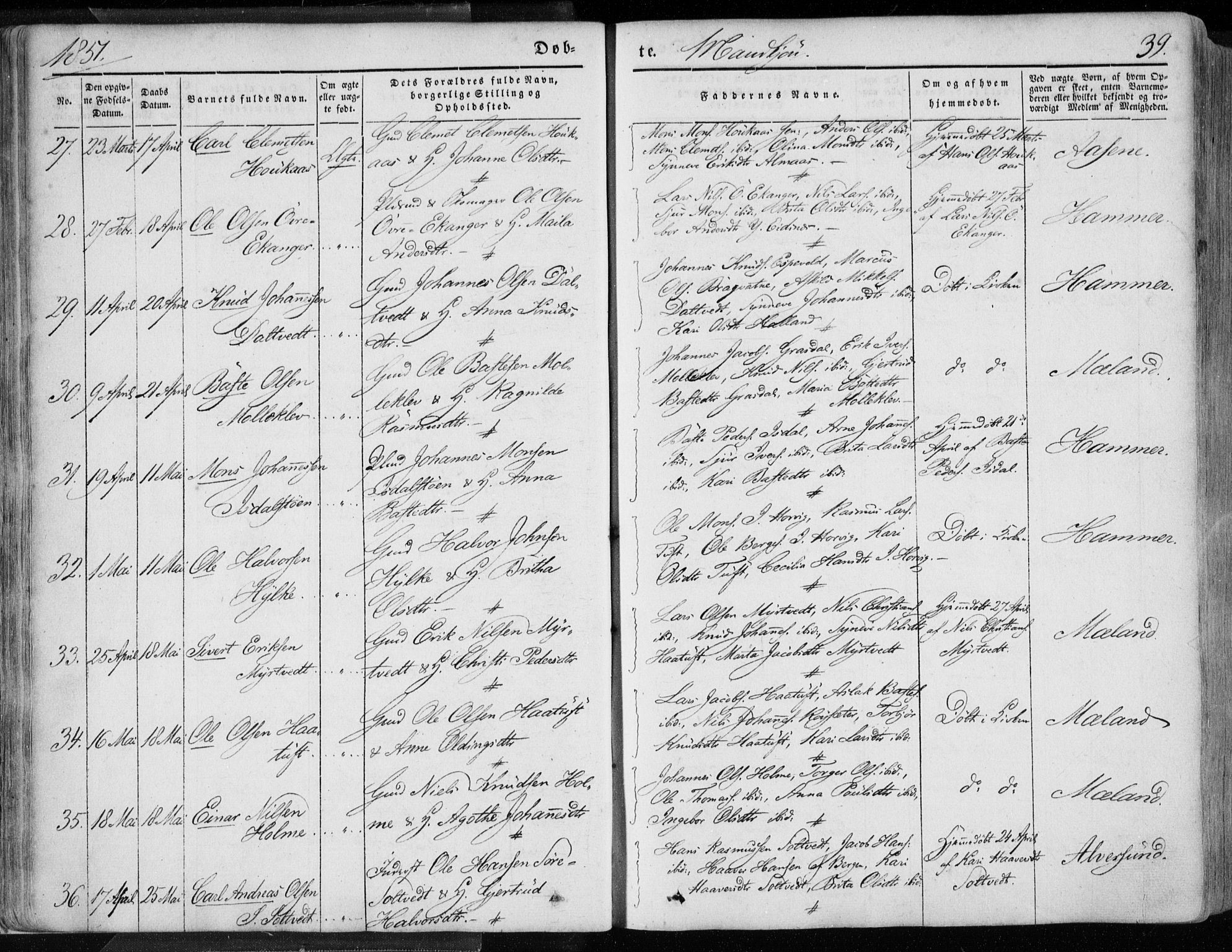 Hamre sokneprestembete, AV/SAB-A-75501/H/Ha/Haa/Haaa/L0013: Parish register (official) no. A 13, 1846-1857, p. 39