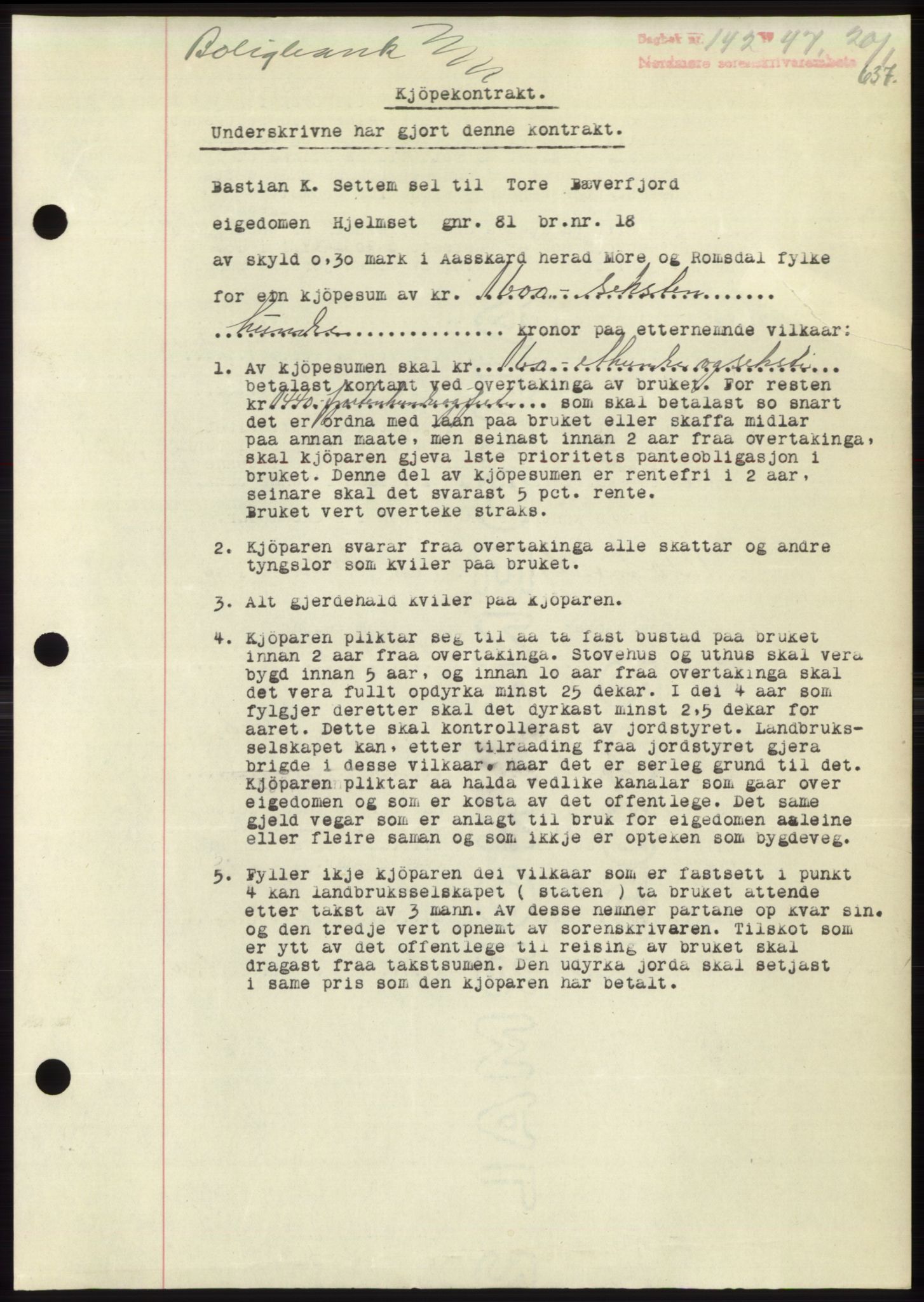 Nordmøre sorenskriveri, AV/SAT-A-4132/1/2/2Ca: Mortgage book no. B95, 1946-1947, Diary no: : 142/1947