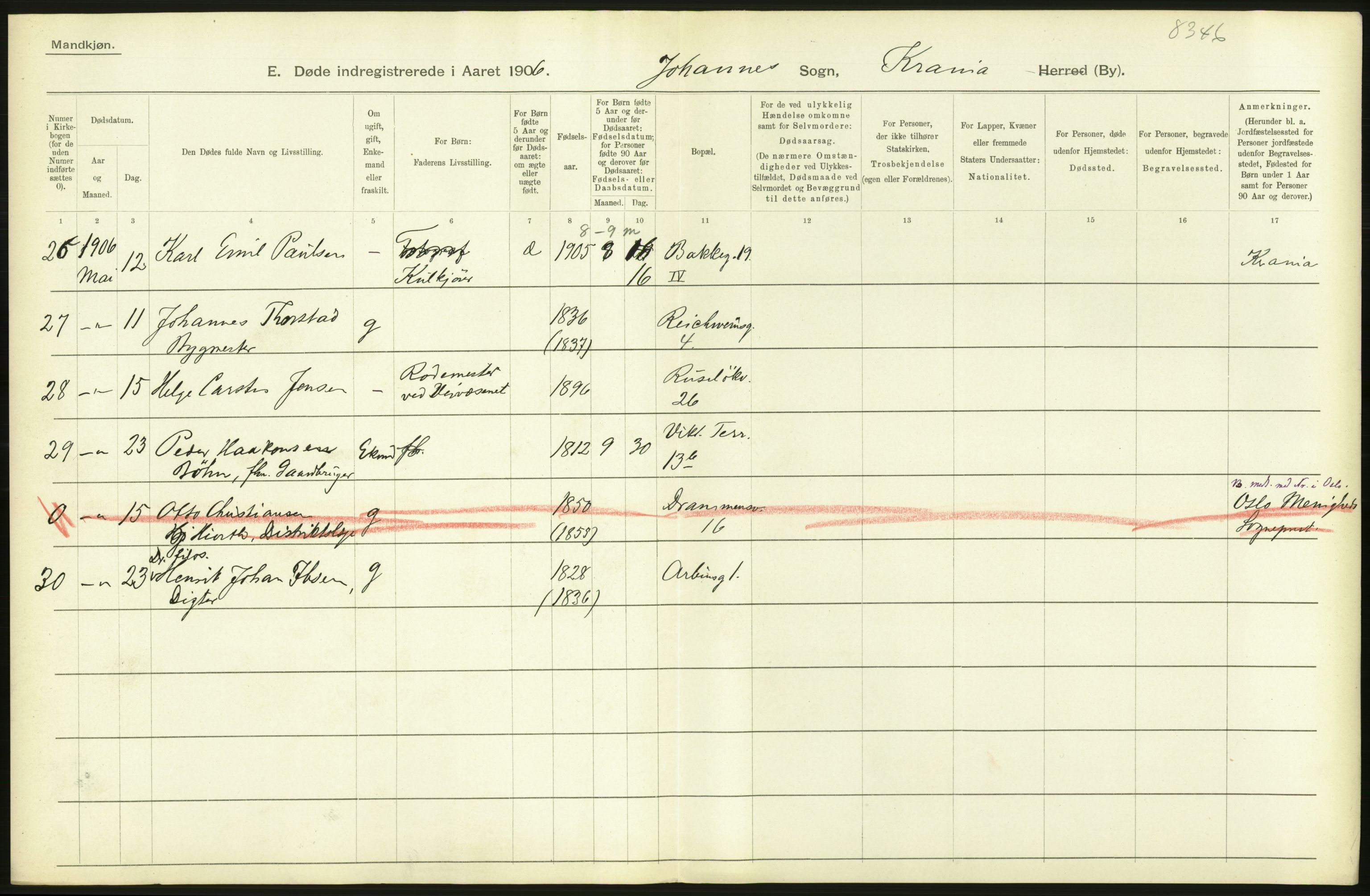 Statistisk sentralbyrå, Sosiodemografiske emner, Befolkning, AV/RA-S-2228/D/Df/Dfa/Dfad/L0010: Kristiania: Døde, dødfødte, 1906, p. 430