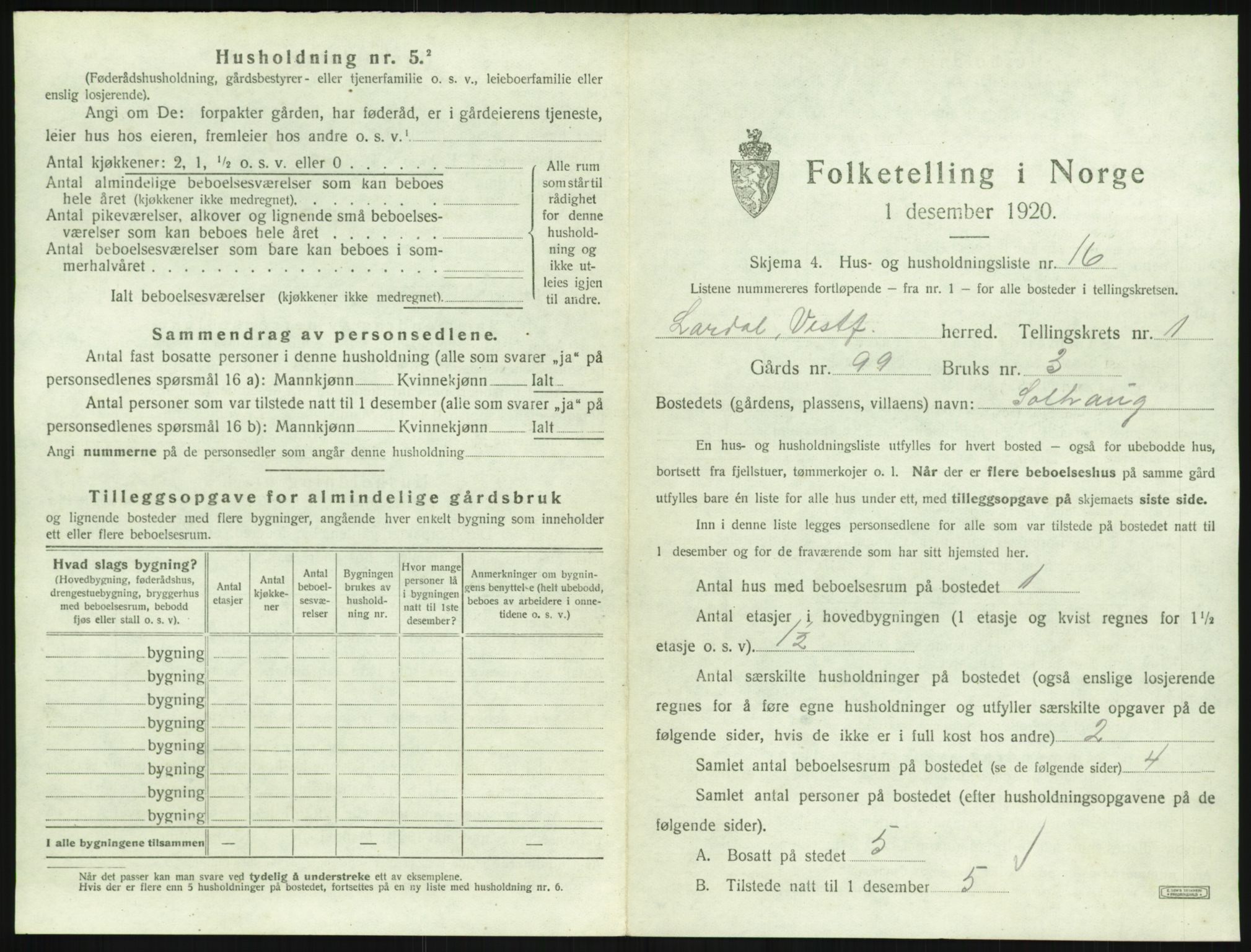 SAKO, 1920 census for Lardal, 1920, p. 69