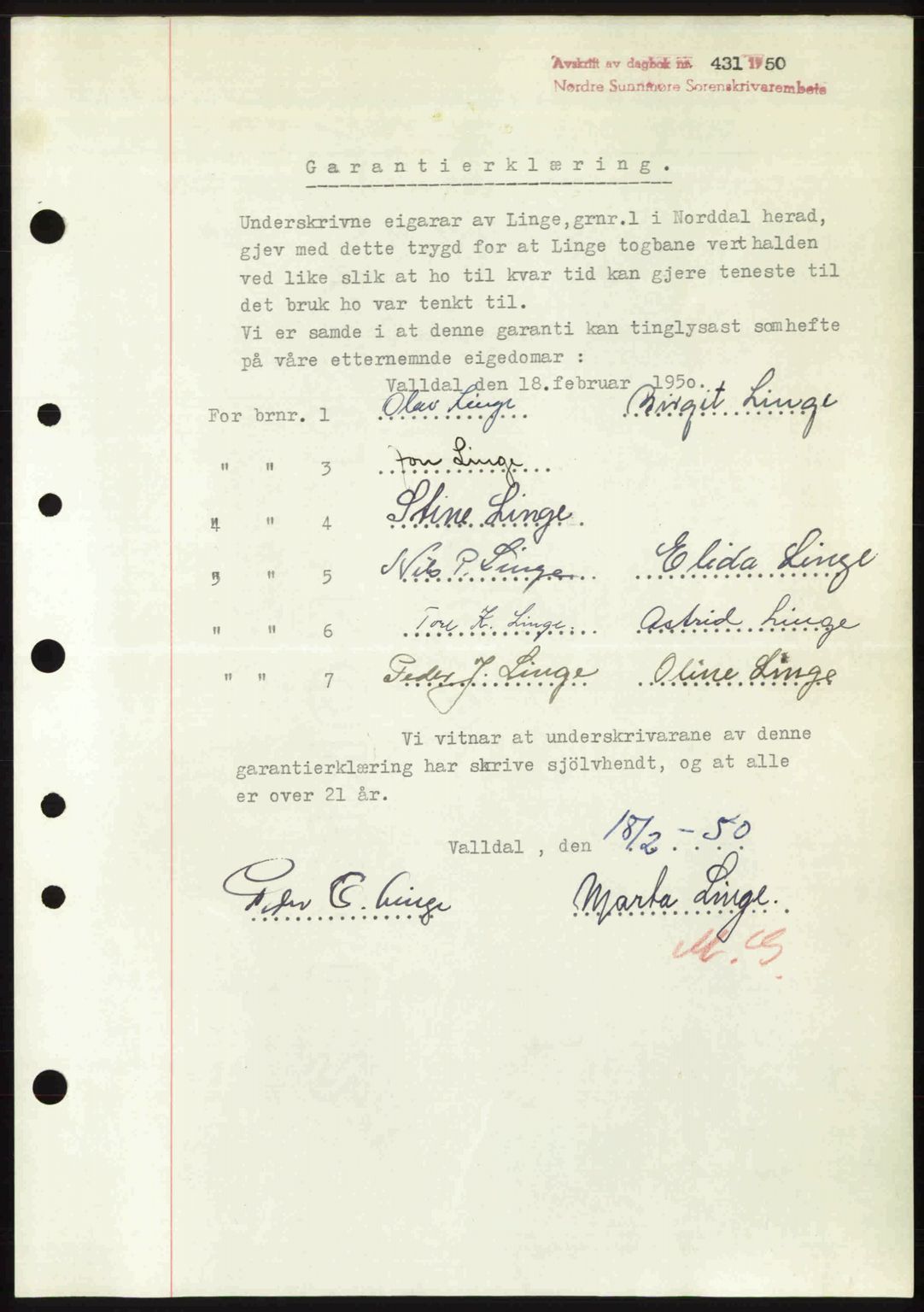 Nordre Sunnmøre sorenskriveri, AV/SAT-A-0006/1/2/2C/2Ca: Mortgage book no. A33, 1949-1950, Diary no: : 431/1950