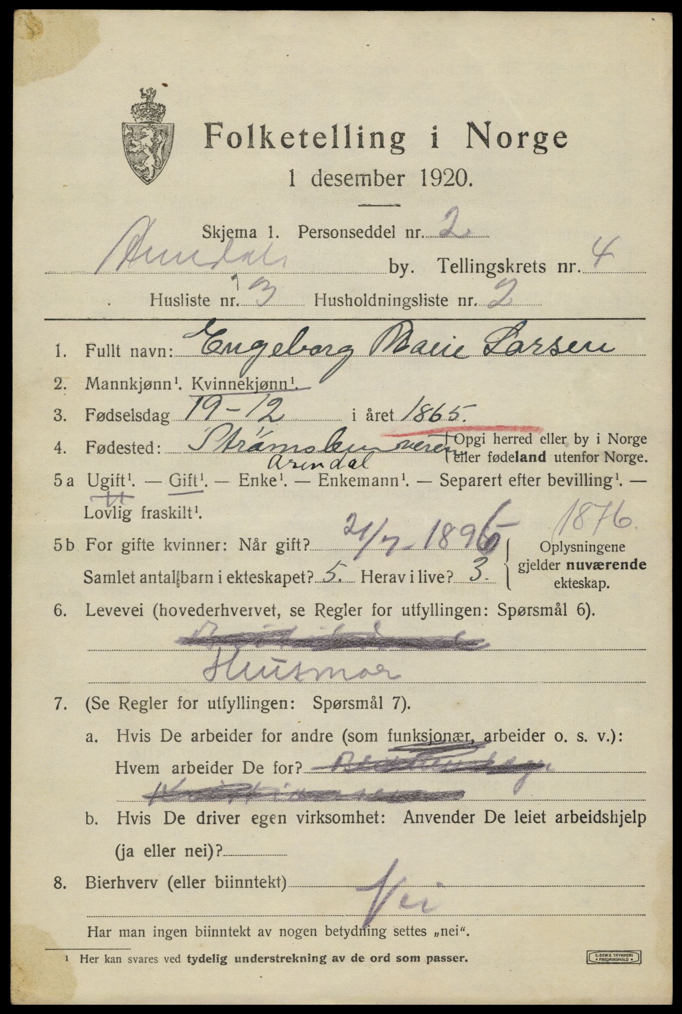 SAK, 1920 census for Arendal, 1920, p. 11616