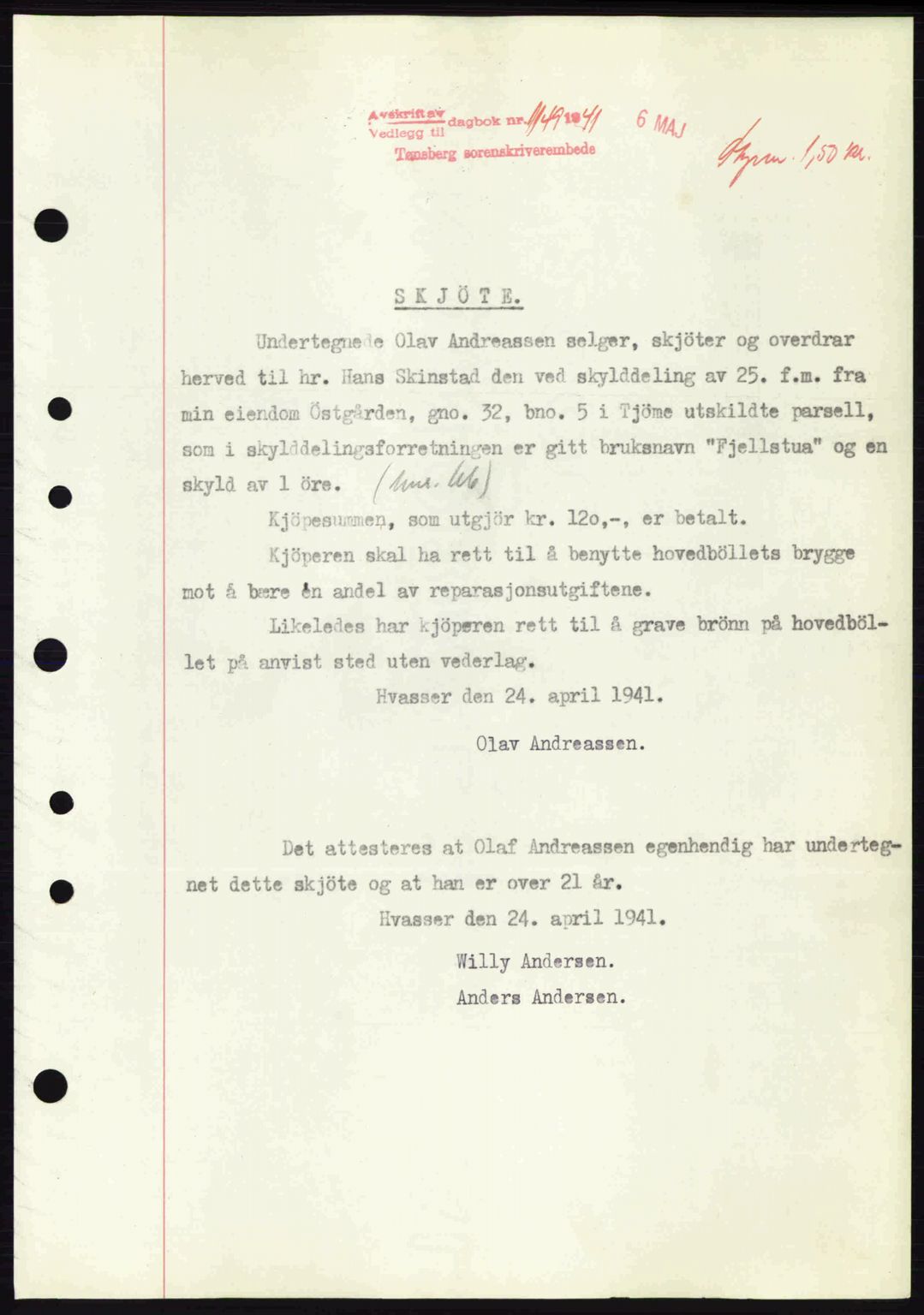 Tønsberg sorenskriveri, AV/SAKO-A-130/G/Ga/Gaa/L0010: Mortgage book no. A10, 1941-1941, Diary no: : 1149/1941