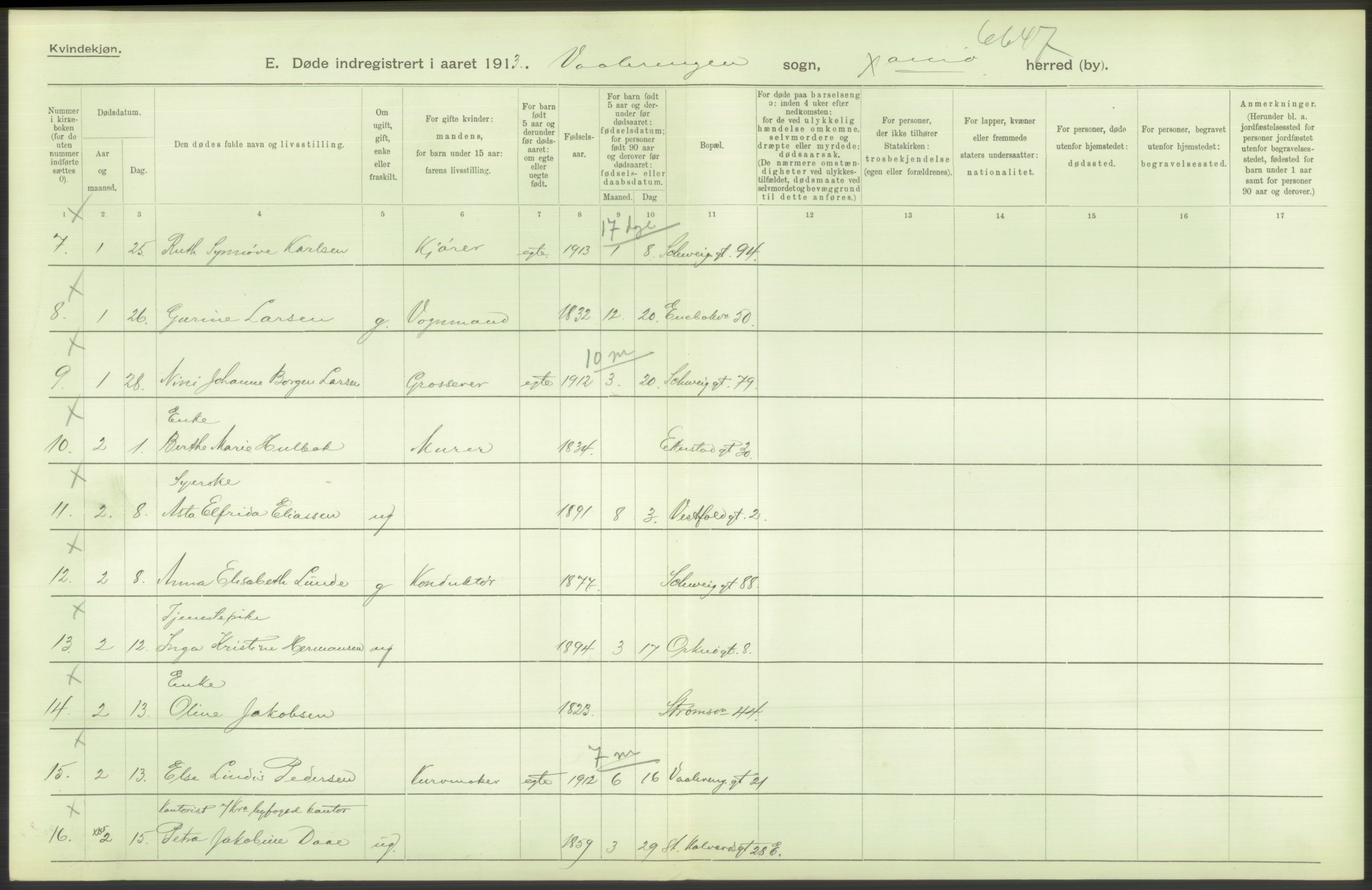 Statistisk sentralbyrå, Sosiodemografiske emner, Befolkning, RA/S-2228/D/Df/Dfb/Dfbc/L0010: Kristiania: Døde, dødfødte., 1913, p. 296