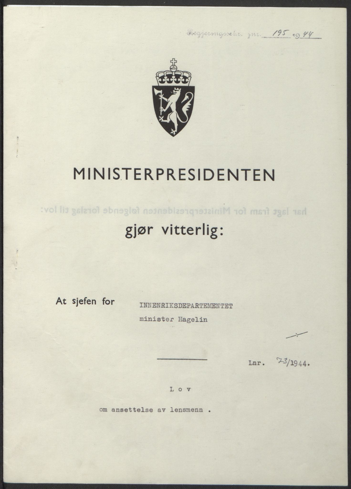 NS-administrasjonen 1940-1945 (Statsrådsekretariatet, de kommisariske statsråder mm), AV/RA-S-4279/D/Db/L0100: Lover, 1944, p. 346