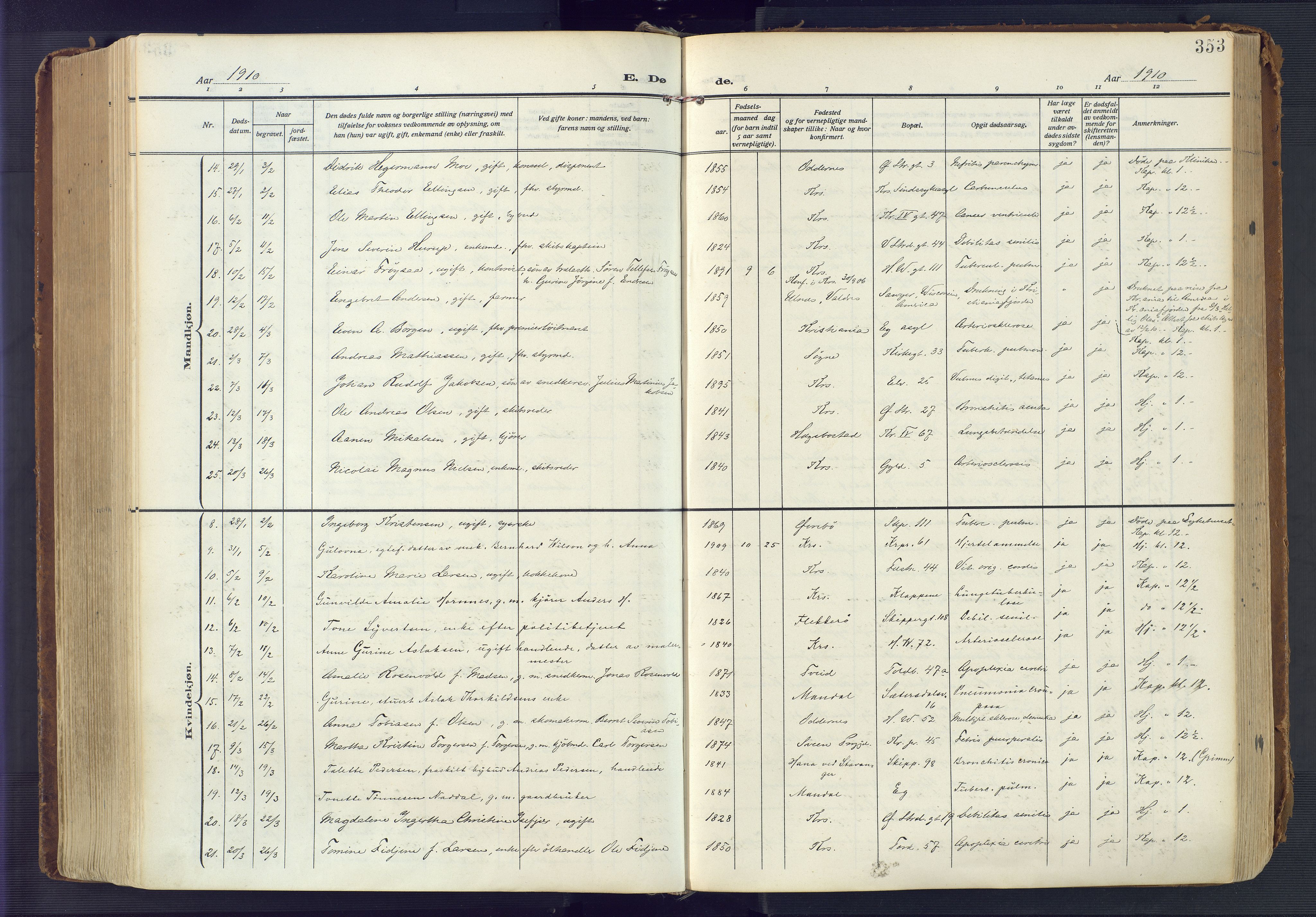 Kristiansand domprosti, AV/SAK-1112-0006/F/Fa/L0023: Parish register (official) no. A 22, 1909-1917, p. 353