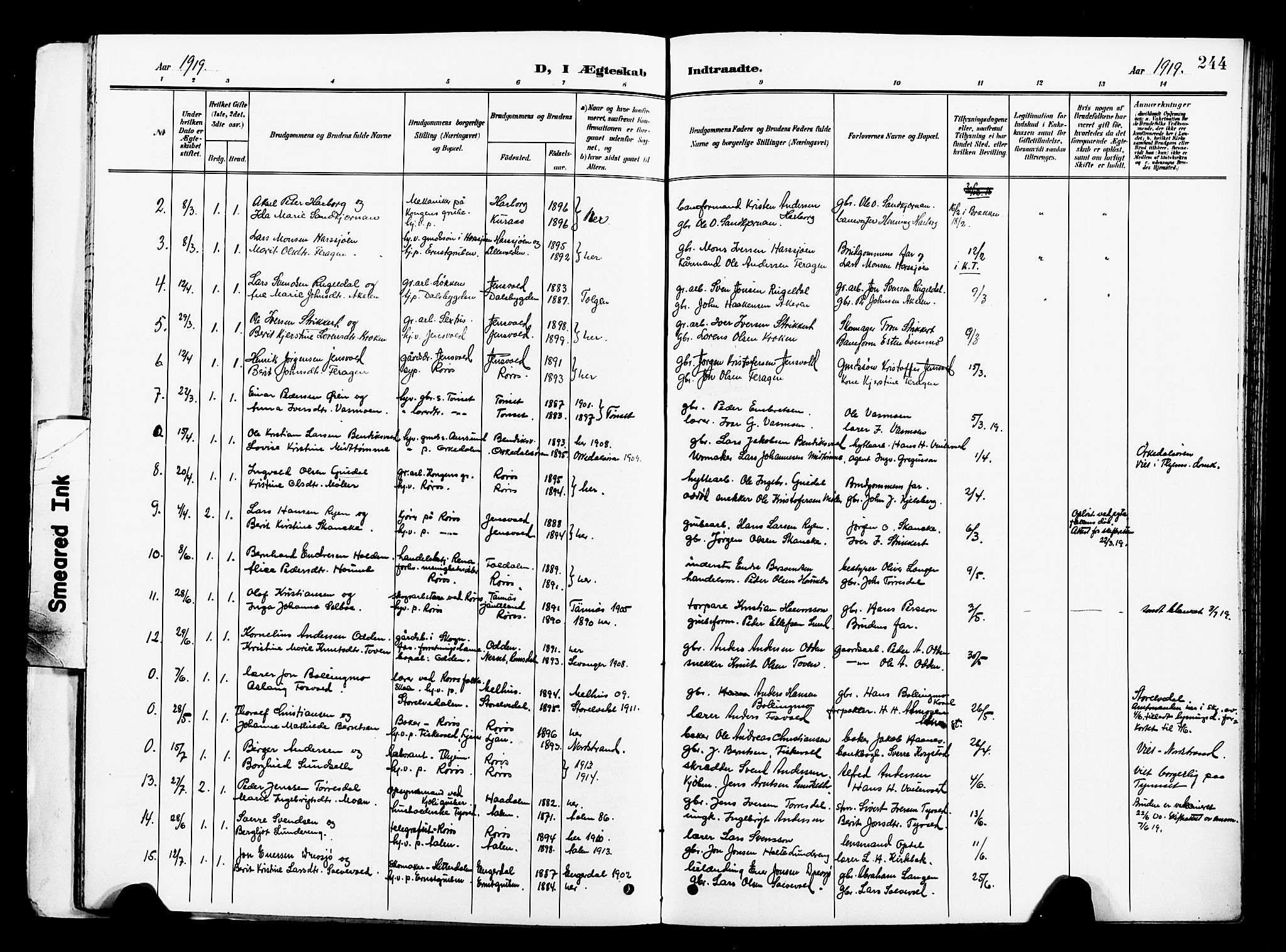 Ministerialprotokoller, klokkerbøker og fødselsregistre - Sør-Trøndelag, SAT/A-1456/681/L0942: Parish register (copy) no. 681C06, 1906-1925, p. 244