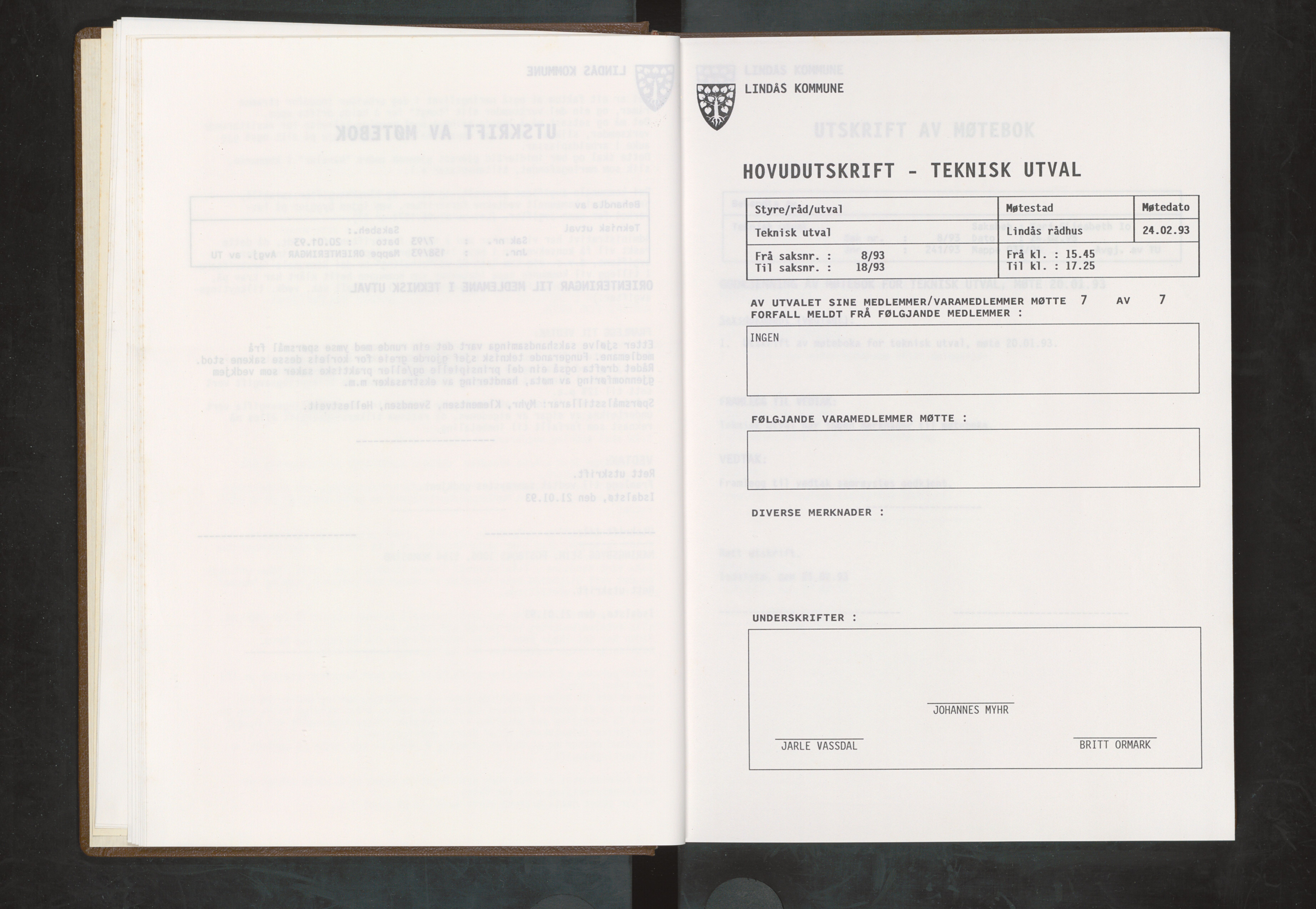 Lindås kommune. Teknisk utval, IKAH/1263-513/A/Ac/L0003: Møtebok for Lindås teknisk utval, 1993-1994