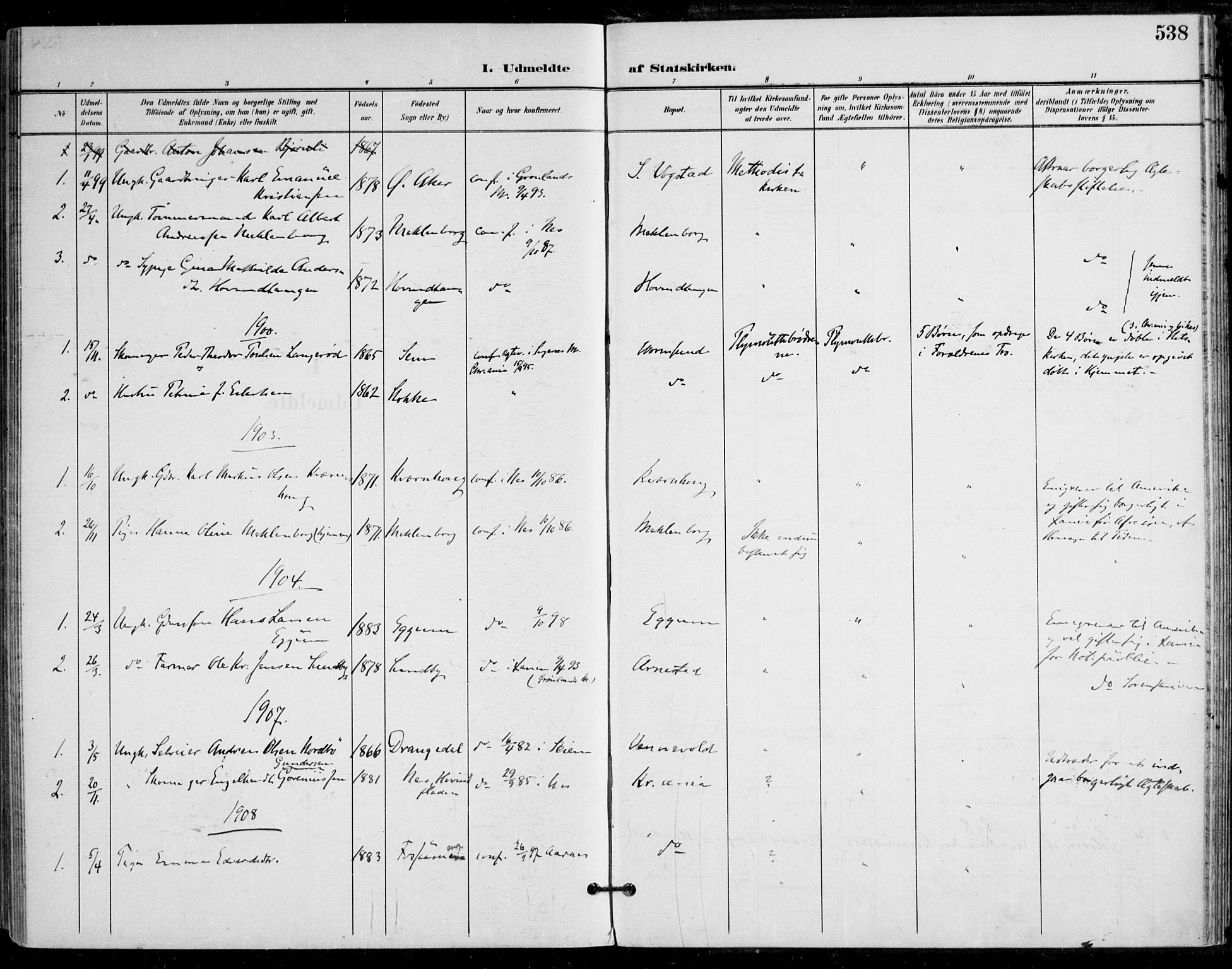 Nes prestekontor Kirkebøker, SAO/A-10410/F/Fa/L0011: Parish register (official) no. I 11, 1899-1918, p. 538