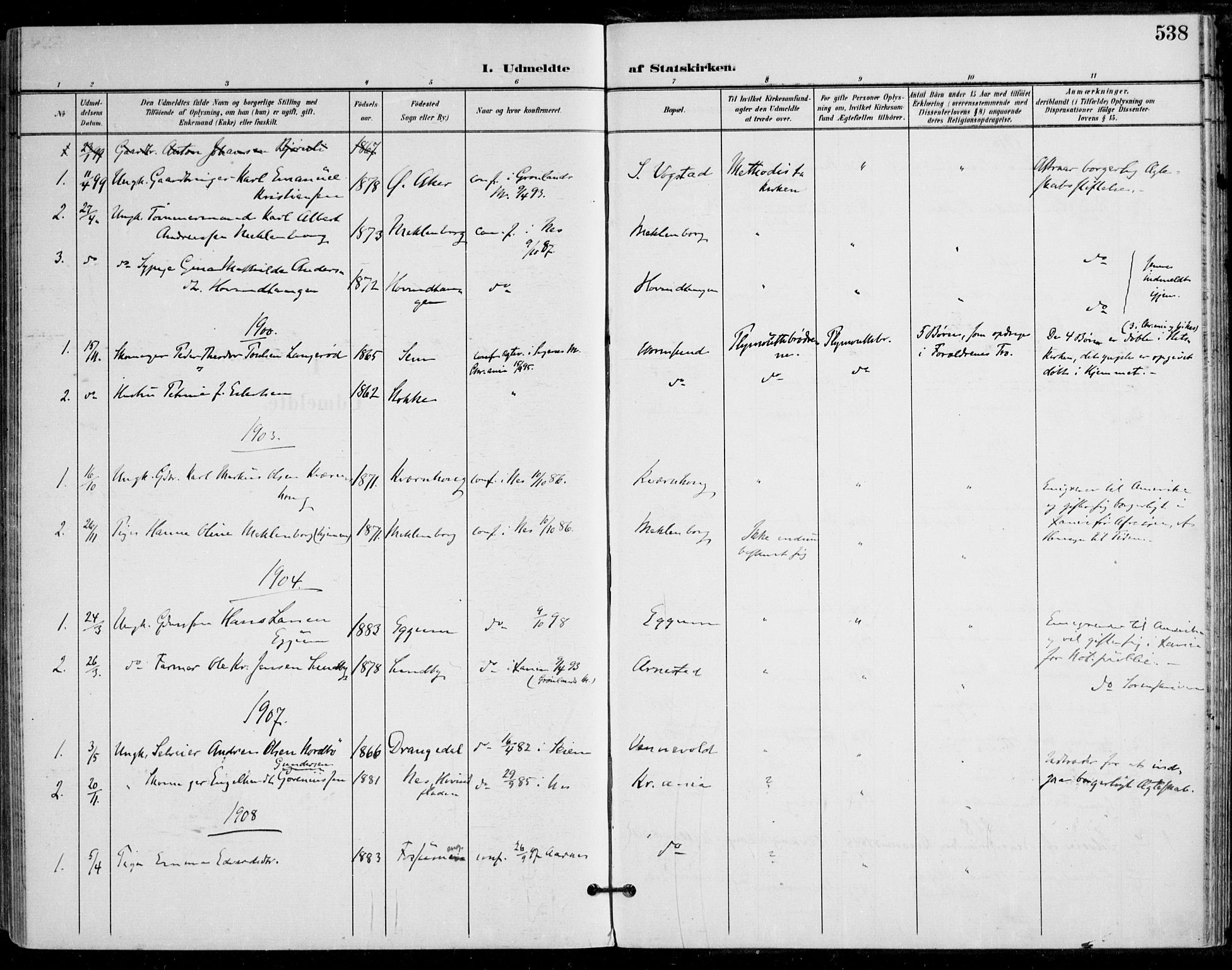 Nes prestekontor Kirkebøker, AV/SAO-A-10410/F/Fa/L0011: Parish register (official) no. I 11, 1899-1918, p. 538