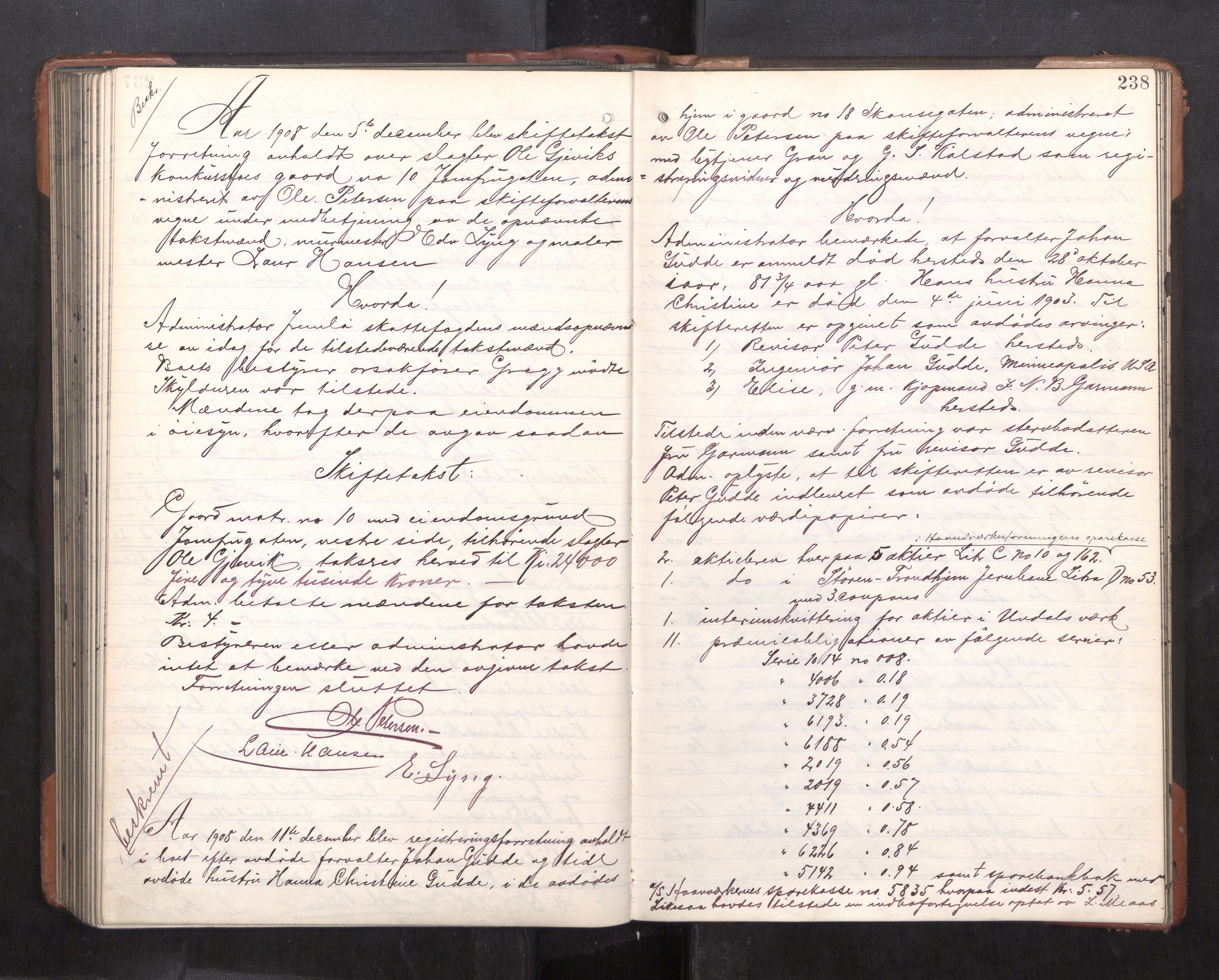 Trondheim byfogd, AV/SAT-A-0003/1/3/3C/L0025: Skifteregistreringsprotokoll - 24/1-14/7. (u/ register), 1906-1909, p. 238