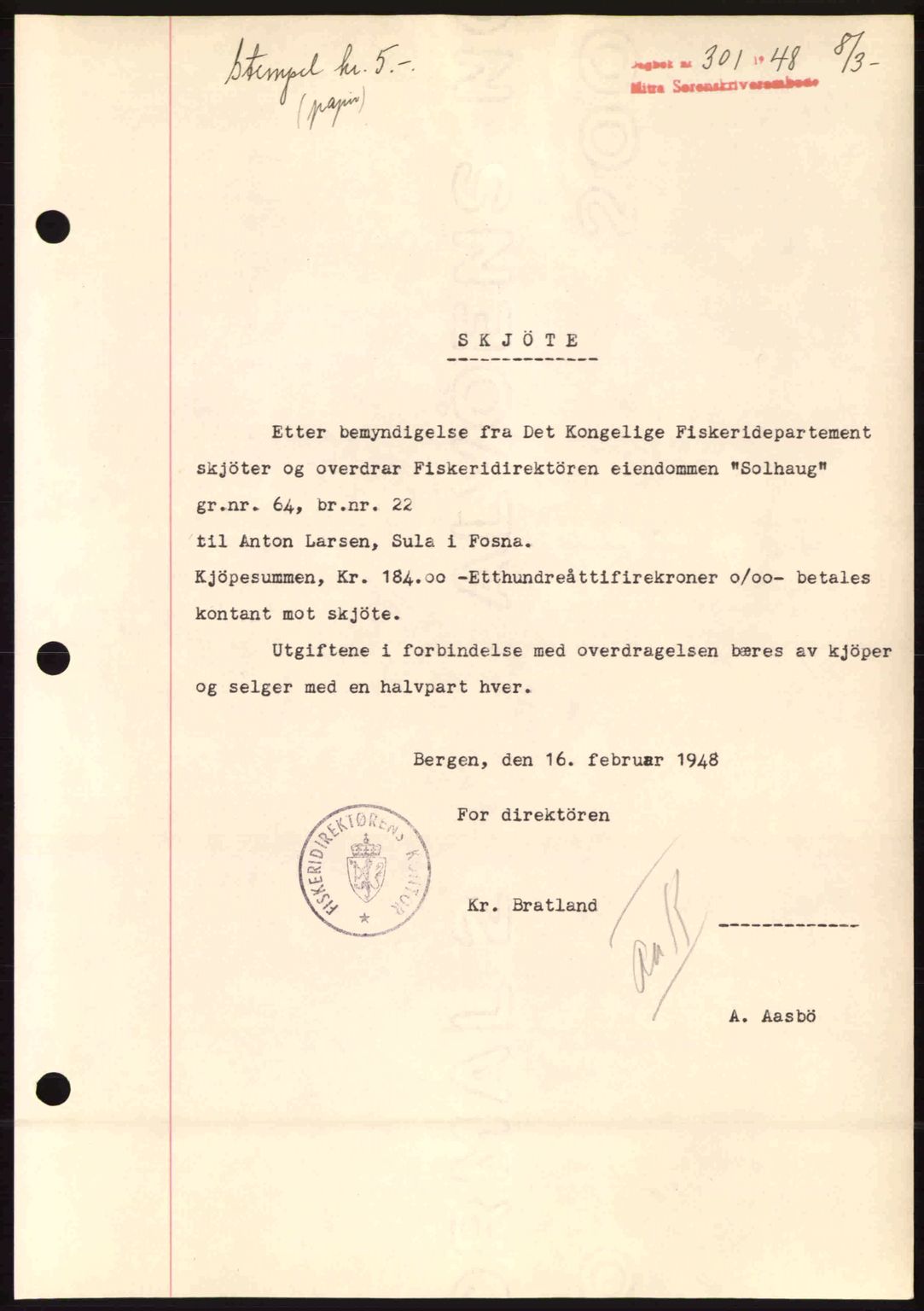 Hitra sorenskriveri, AV/SAT-A-0018/2/2C/2Ca: Mortgage book no. A5, 1947-1948, Diary no: : 301/1948