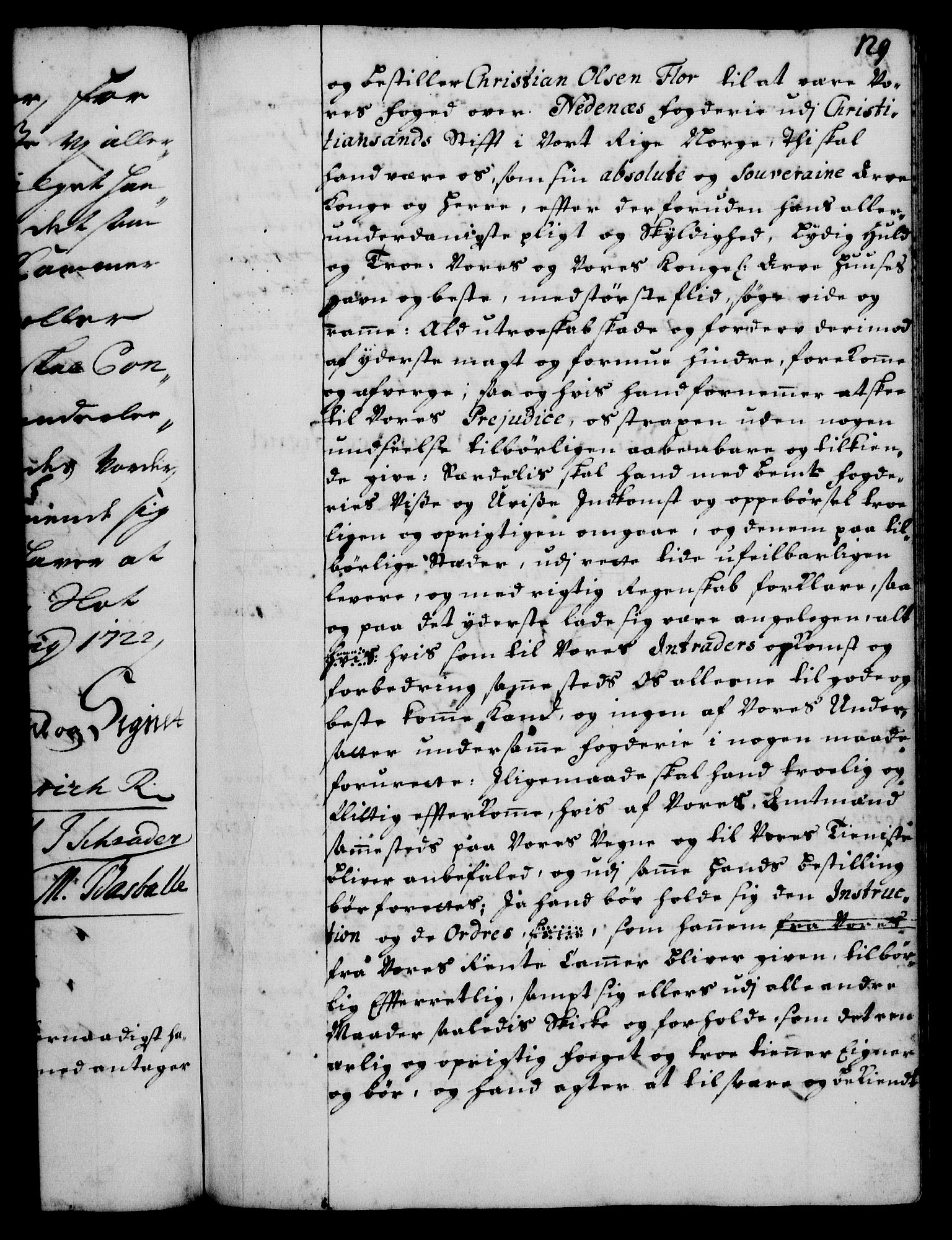 Rentekammeret, Kammerkanselliet, RA/EA-3111/G/Gg/Gge/L0001: Norsk bestallingsprotokoll med register (merket RK 53.25), 1720-1730, p. 129
