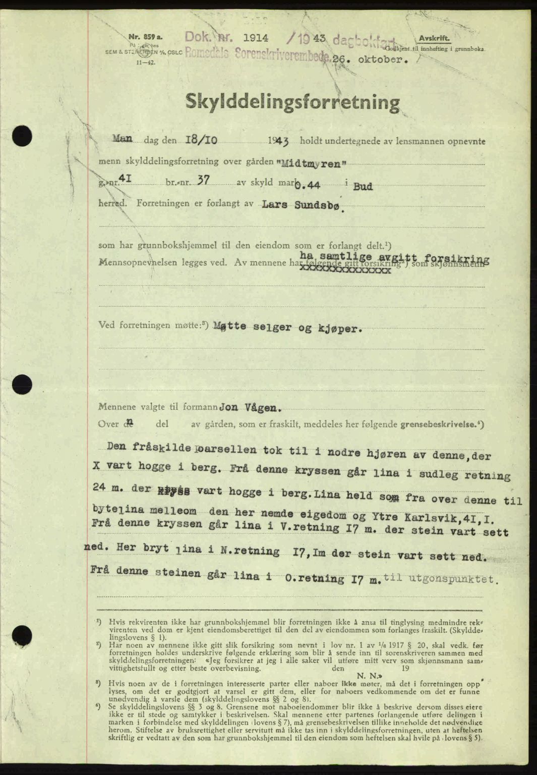 Romsdal sorenskriveri, AV/SAT-A-4149/1/2/2C: Mortgage book no. A15, 1943-1944, Diary no: : 1914/1943