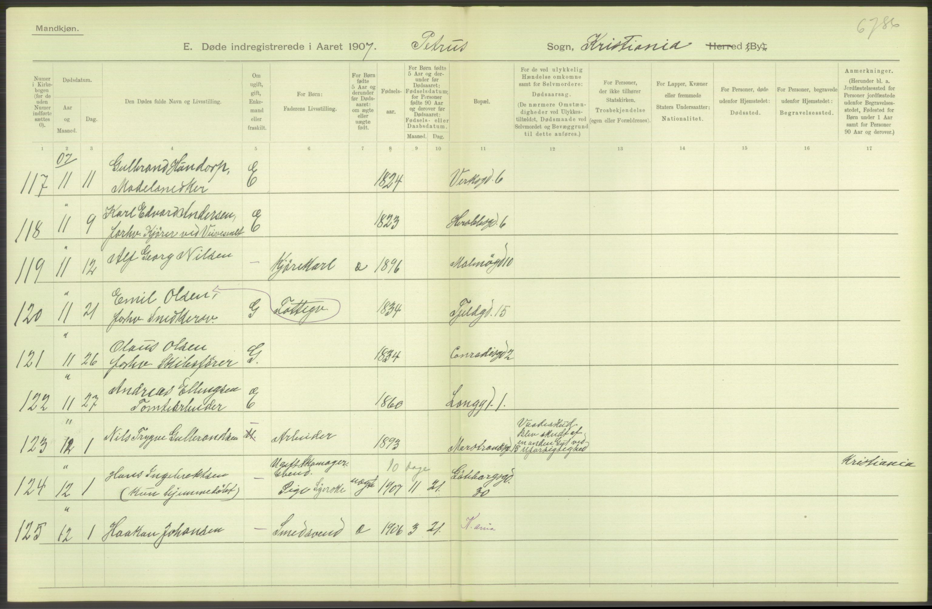 Statistisk sentralbyrå, Sosiodemografiske emner, Befolkning, AV/RA-S-2228/D/Df/Dfa/Dfae/L0010: Kristiania: Døde, dødfødte, 1907, p. 254