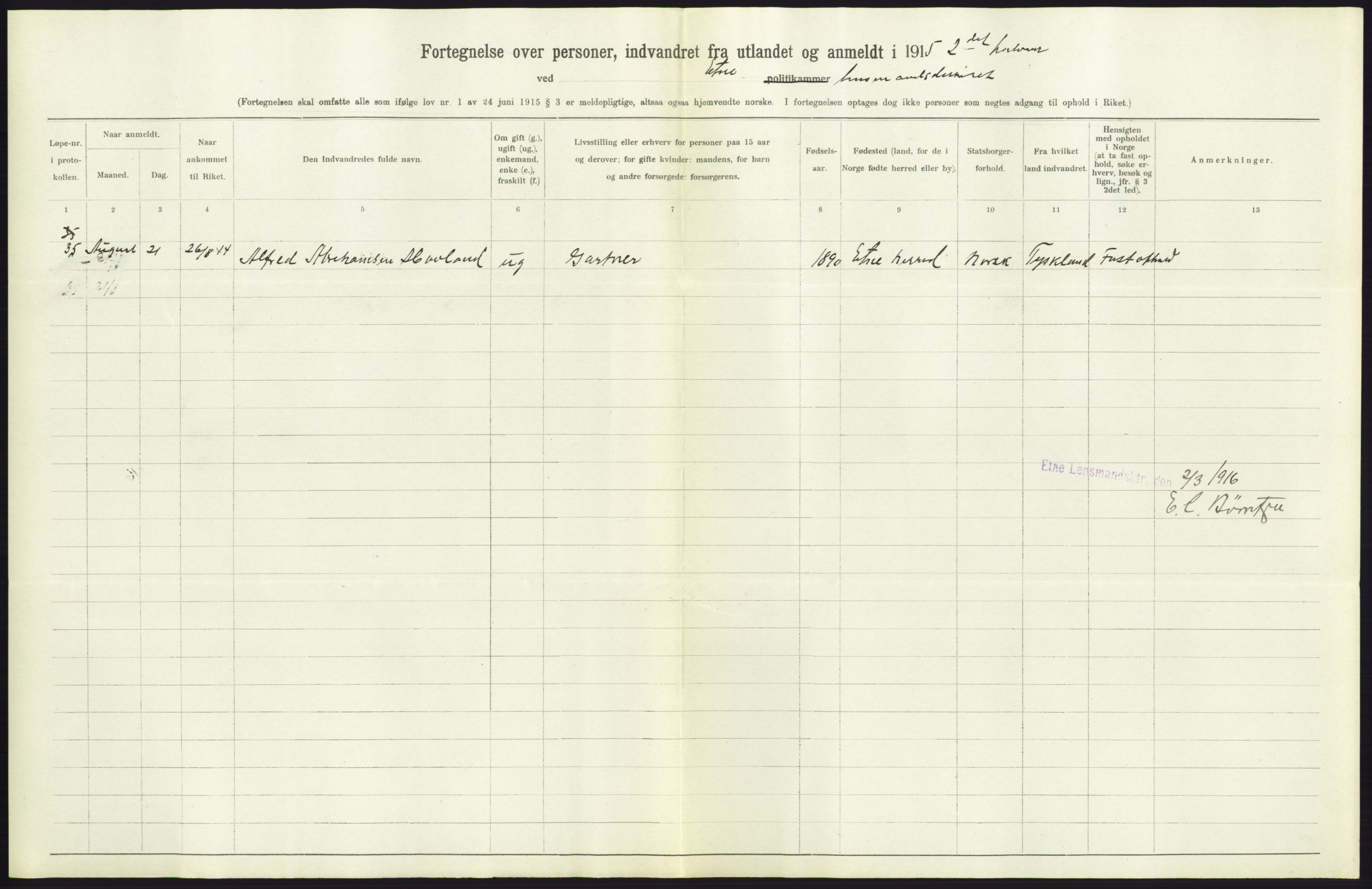 Statistisk sentralbyrå, Sosioøkonomiske emner, Folketellinger, boliger og boforhold, AV/RA-S-2231/F/Fa/L0001: Innvandring. Navn/fylkesvis, 1915, p. 410