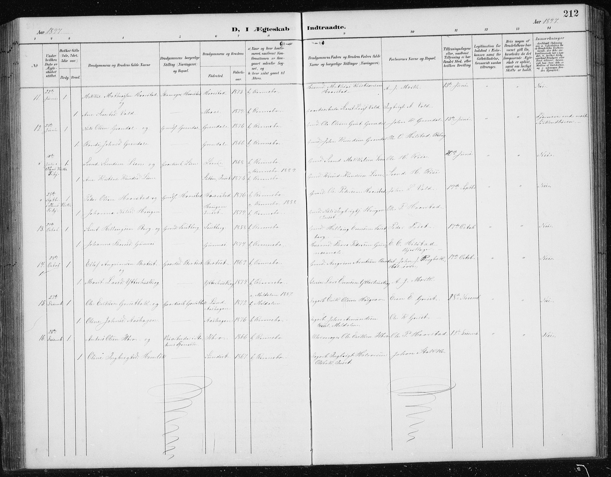 Ministerialprotokoller, klokkerbøker og fødselsregistre - Sør-Trøndelag, AV/SAT-A-1456/674/L0876: Parish register (copy) no. 674C03, 1892-1912, p. 212