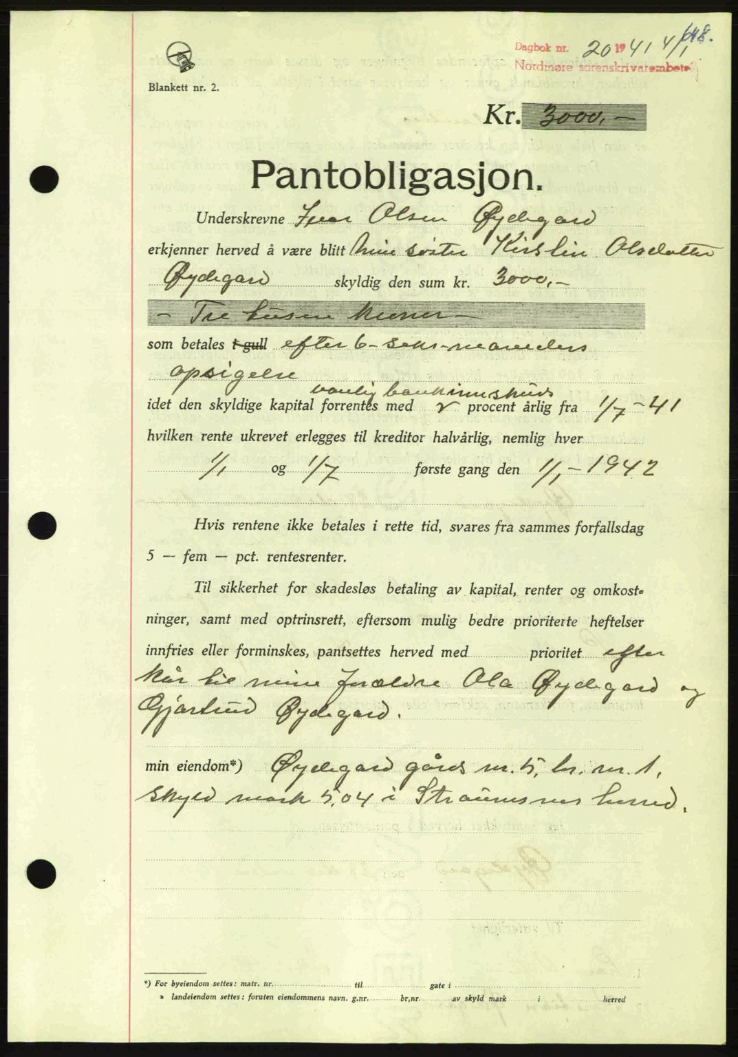 Nordmøre sorenskriveri, AV/SAT-A-4132/1/2/2Ca: Mortgage book no. B87, 1940-1941, Diary no: : 20/1941