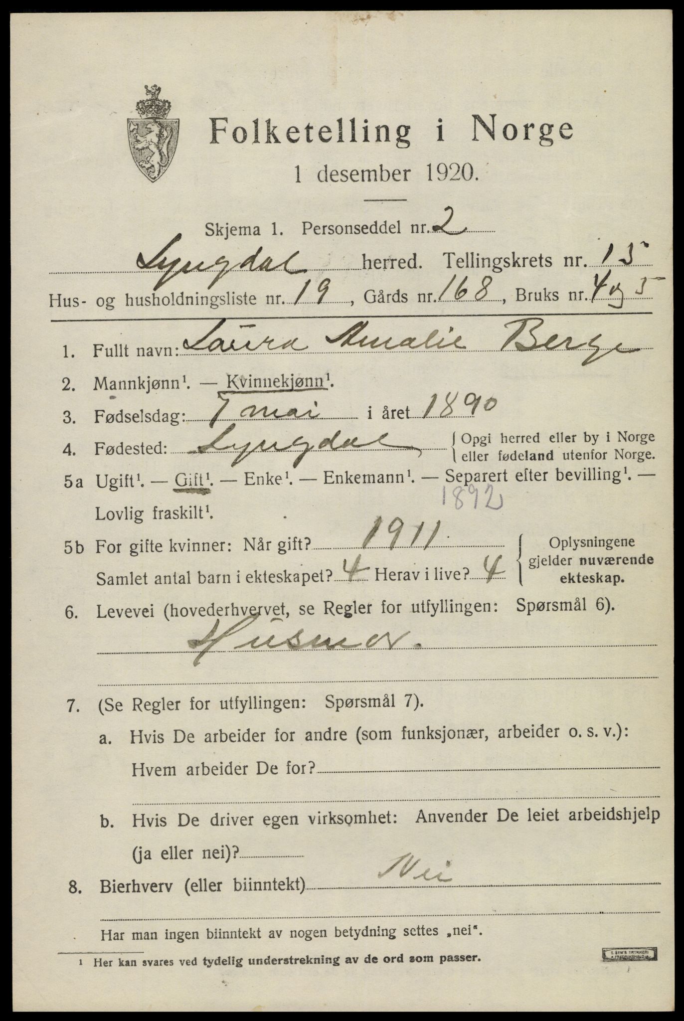 SAK, 1920 census for Lyngdal, 1920, p. 6483