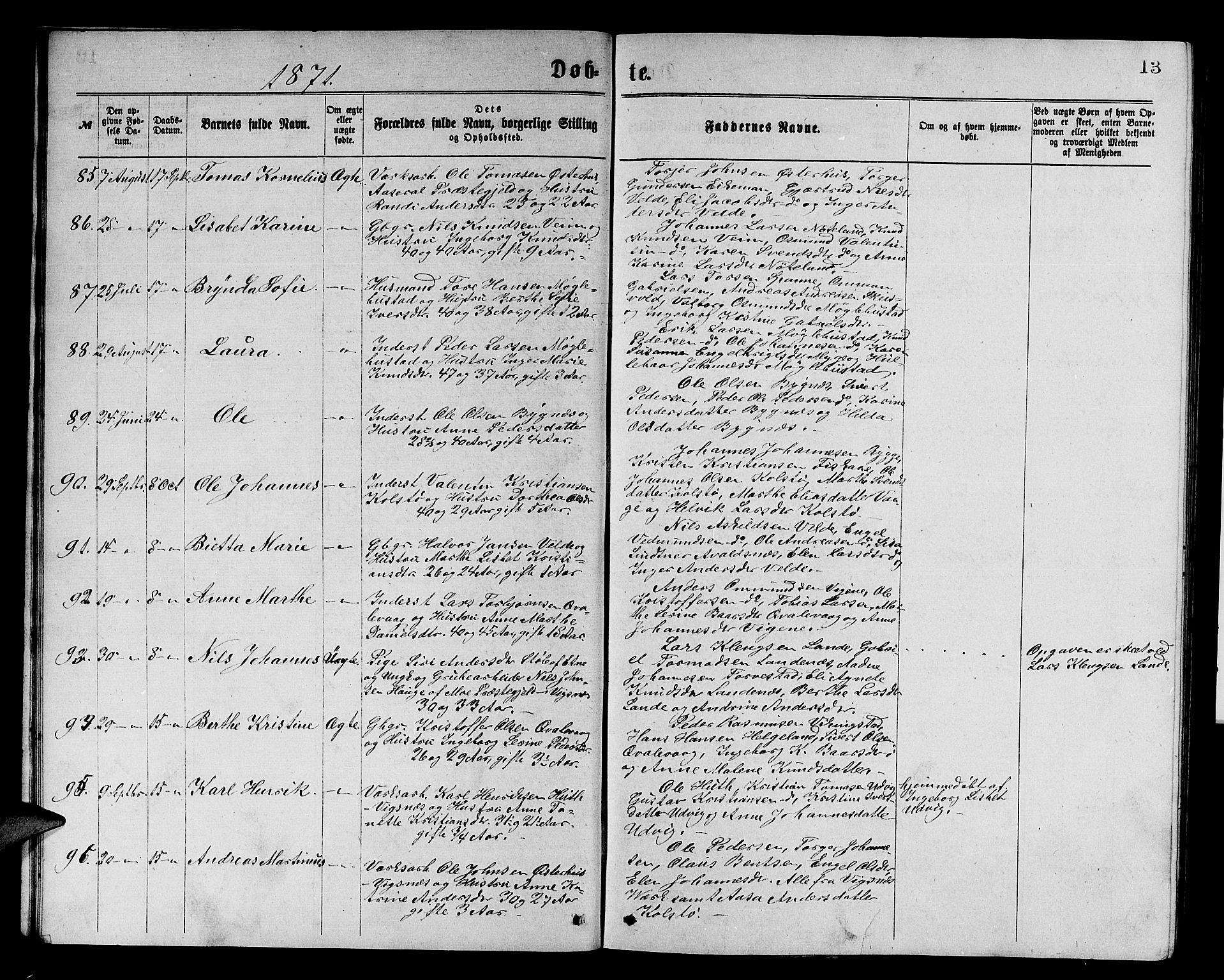 Avaldsnes sokneprestkontor, AV/SAST-A -101851/H/Ha/Hab/L0005: Parish register (copy) no. B 5, 1871-1885, p. 13