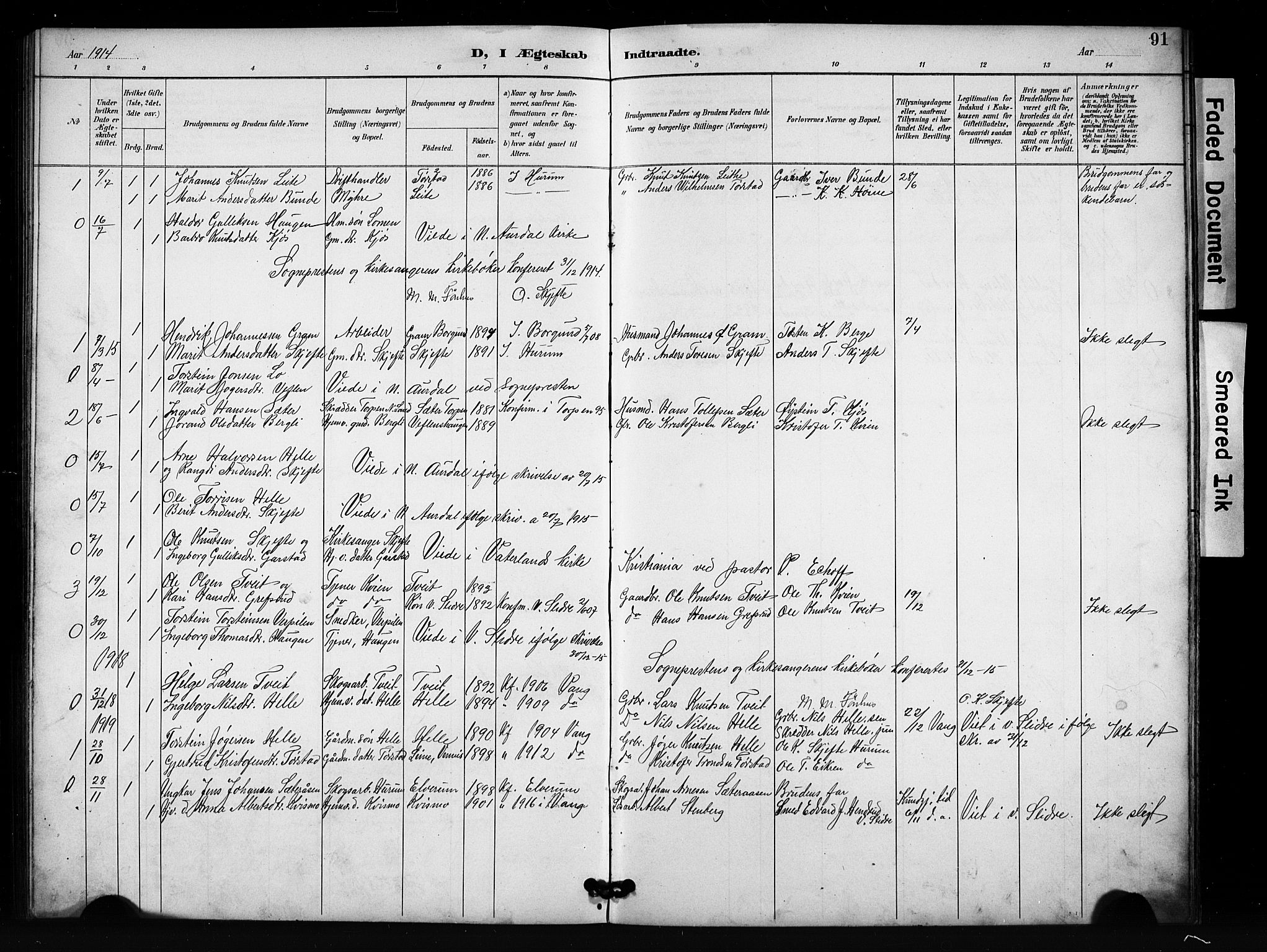 Vang prestekontor, Valdres, SAH/PREST-140/H/Hb/L0007: Parish register (copy) no. 7, 1893-1924, p. 91