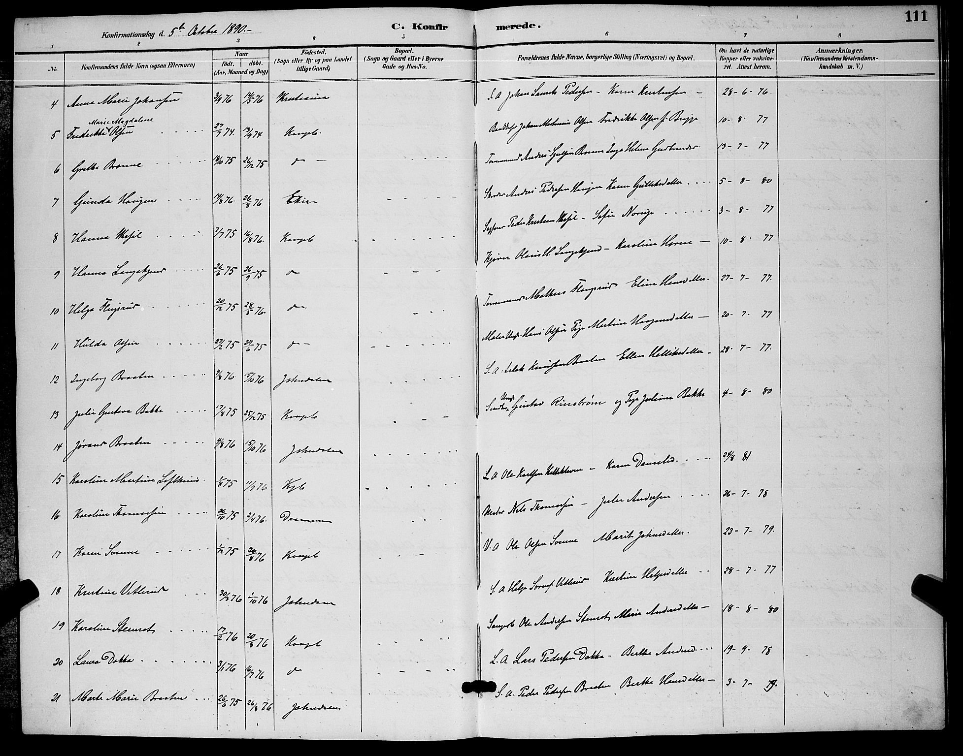 Kongsberg kirkebøker, AV/SAKO-A-22/G/Ga/L0006: Parish register (copy) no. 6, 1890-1901, p. 111