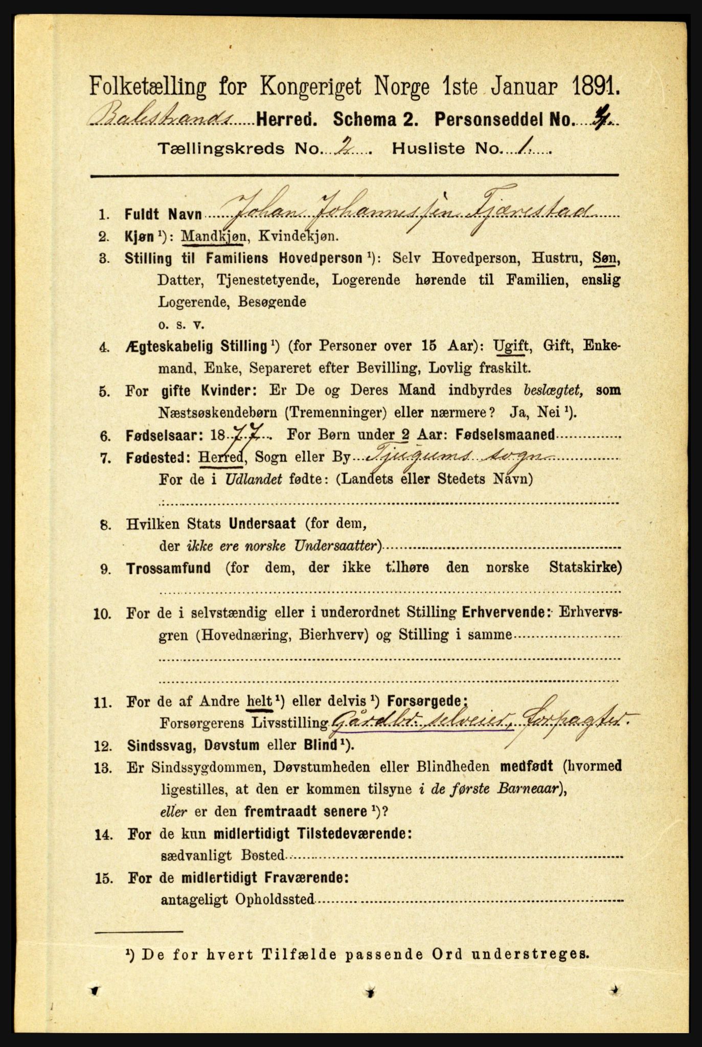 RA, 1891 census for 1418 Balestrand, 1891, p. 279