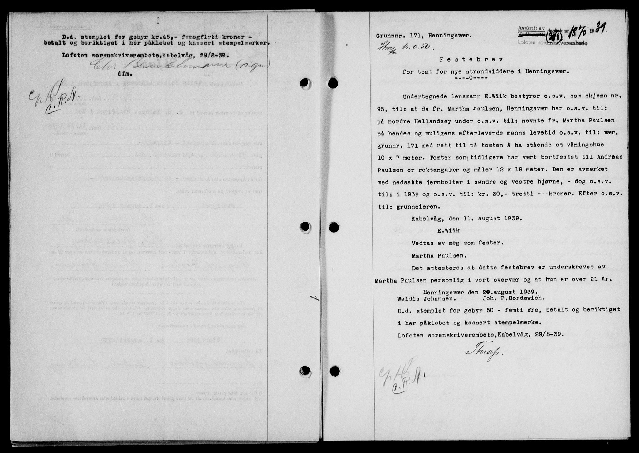 Lofoten sorenskriveri, SAT/A-0017/1/2/2C/L0006a: Mortgage book no. 6a, 1939-1939, Diary no: : 1870/1939
