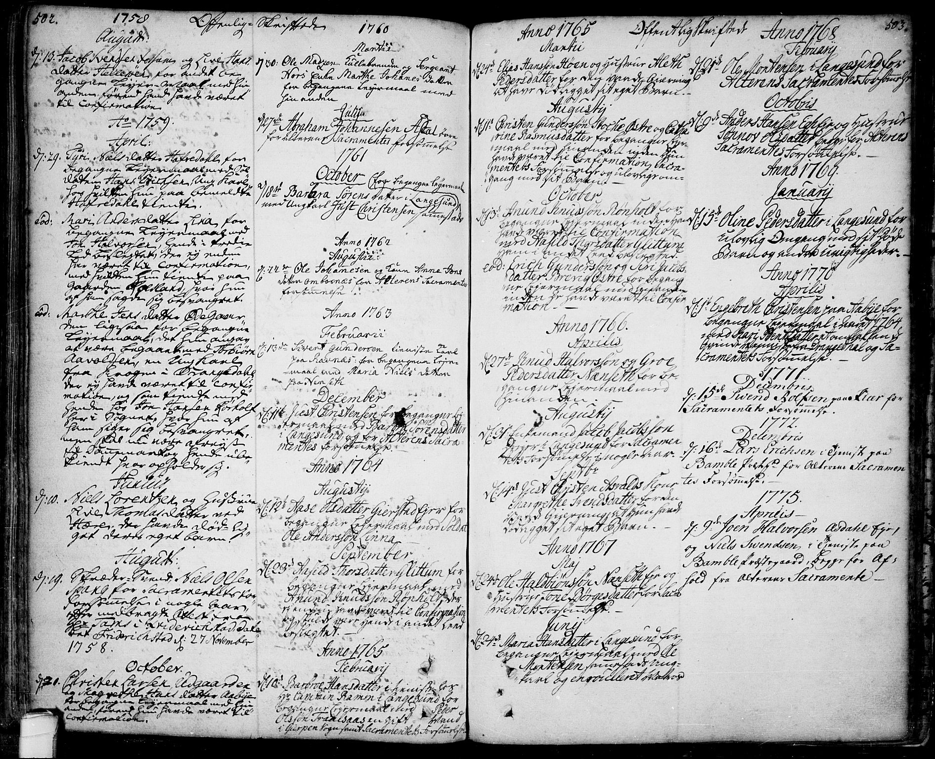 Bamble kirkebøker, AV/SAKO-A-253/F/Fa/L0001: Parish register (official) no. I 1, 1702-1774, p. 502-503