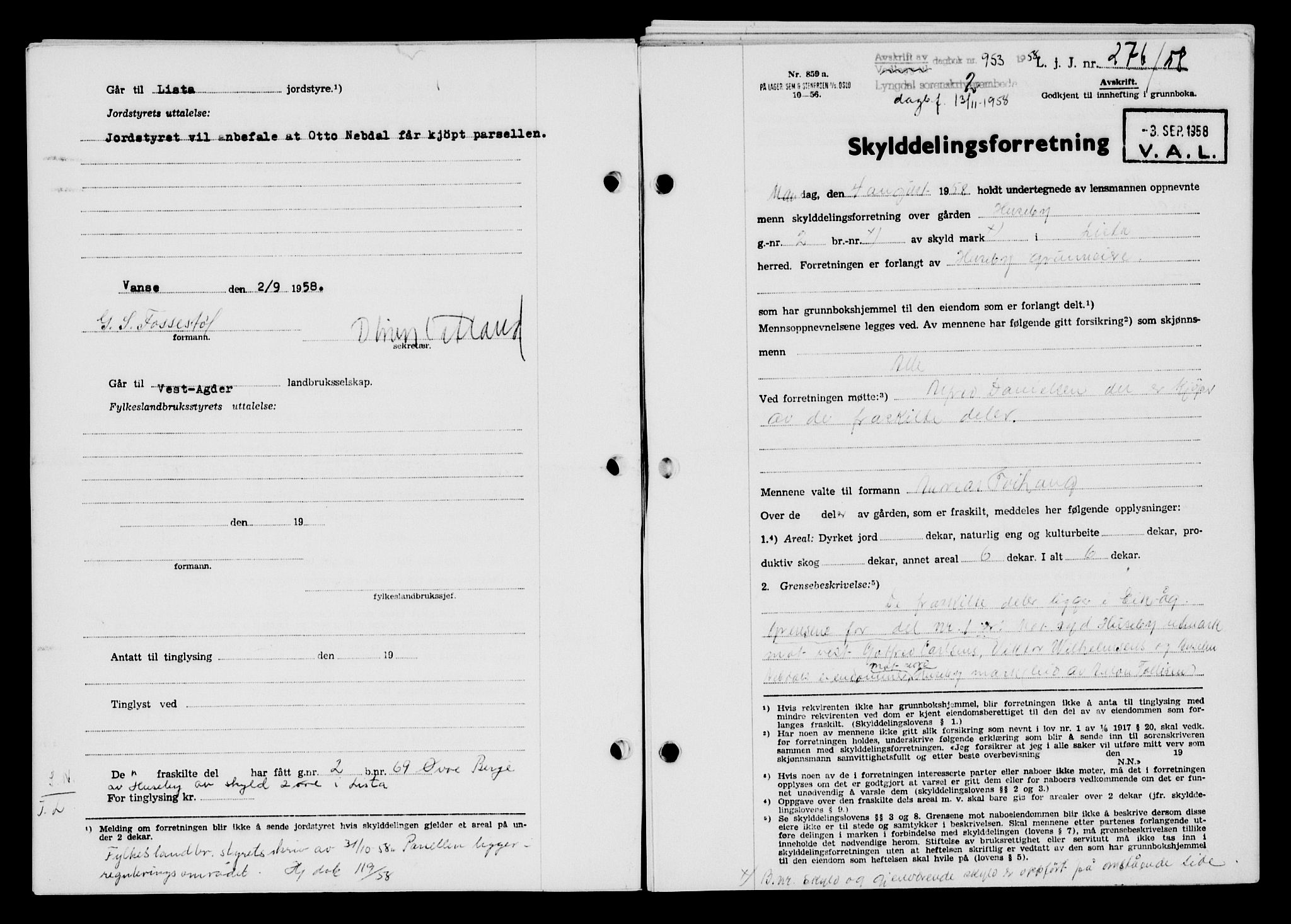 Lyngdal sorenskriveri, AV/SAK-1221-0004/G/Gb/L0678: Mortgage book no. A XXIV, 1958-1959, Diary no: : 953/1958