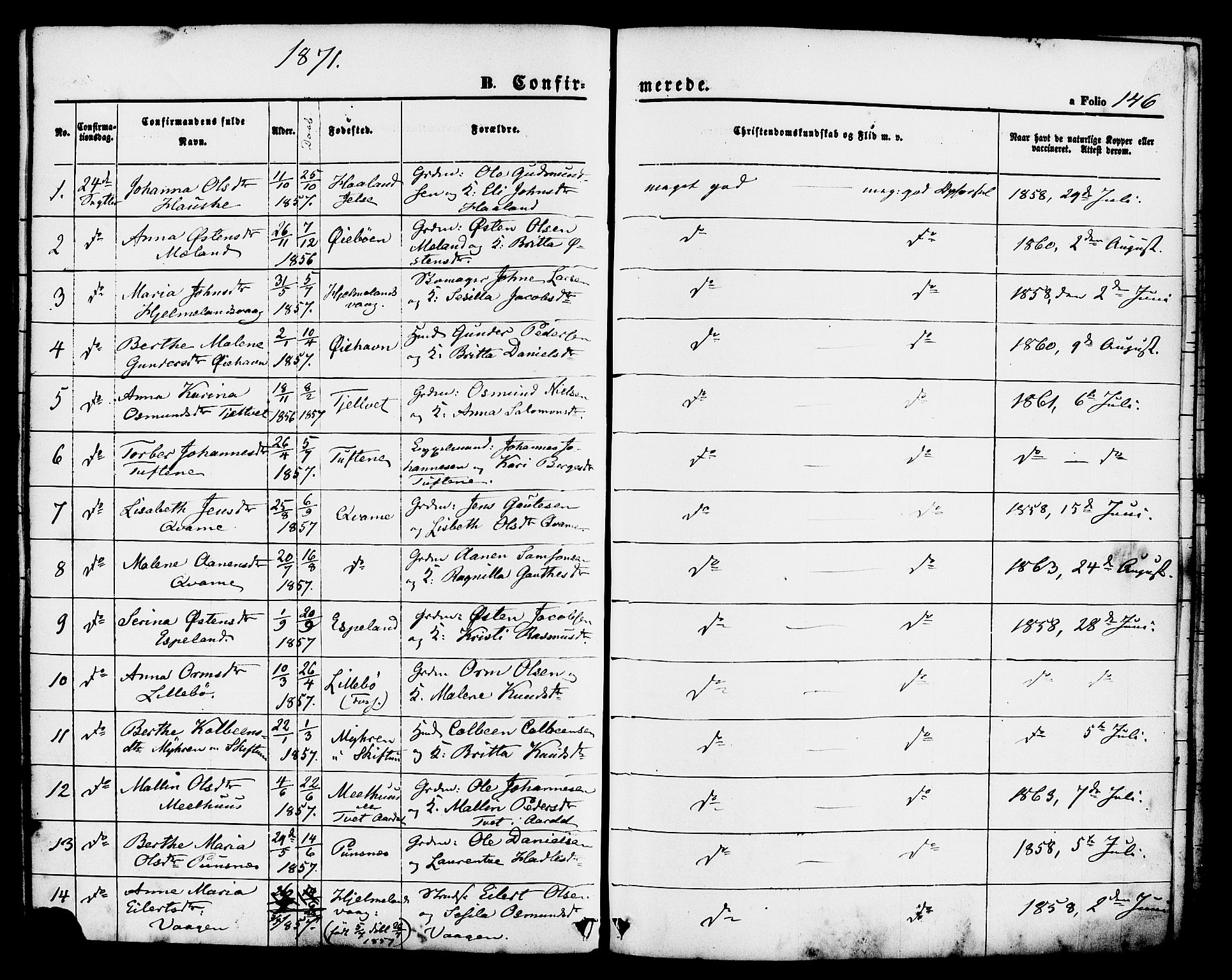 Hjelmeland sokneprestkontor, SAST/A-101843/01/IV/L0011: Parish register (official) no. A 11, 1861-1878, p. 146