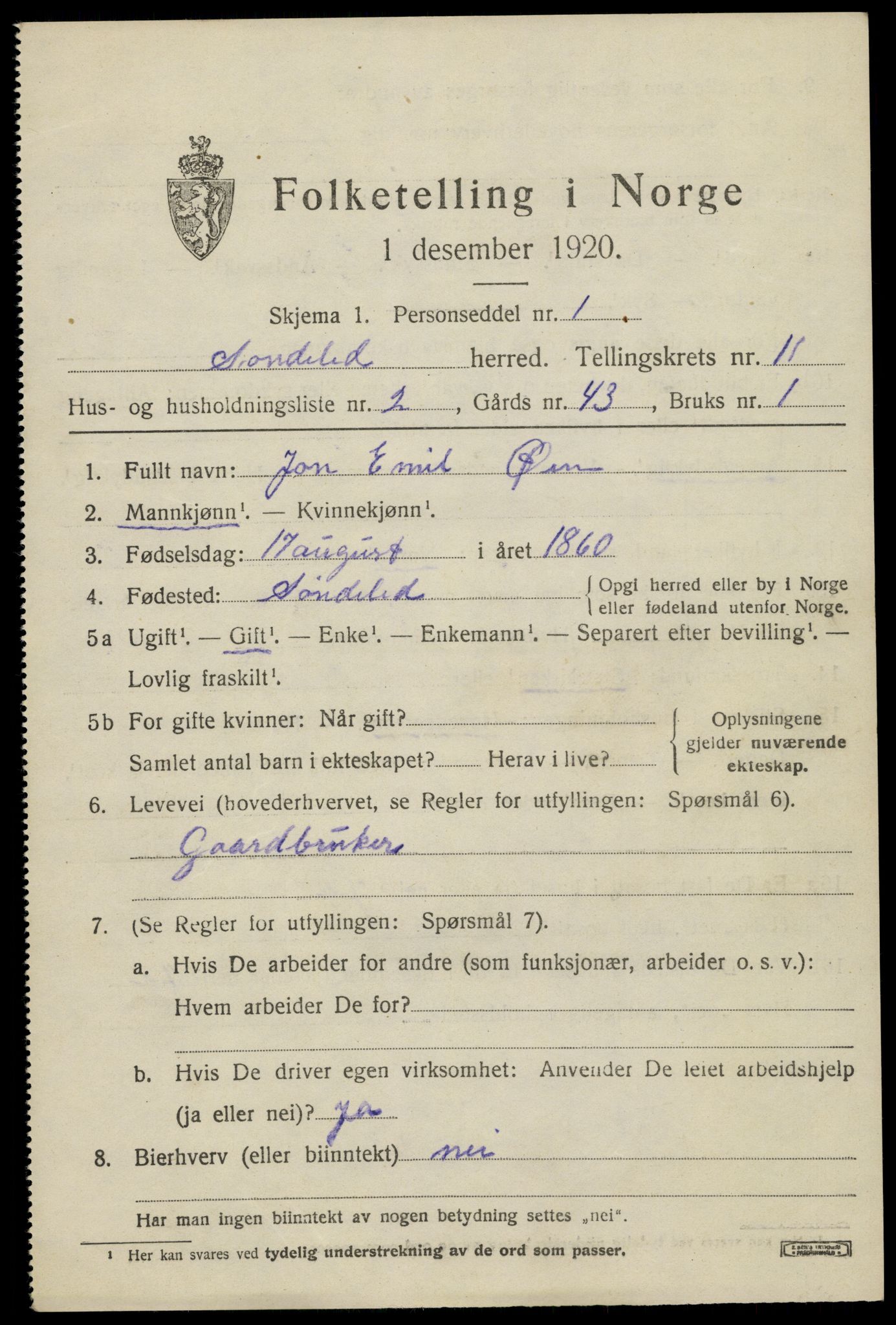 SAK, 1920 census for Søndeled, 1920, p. 5477