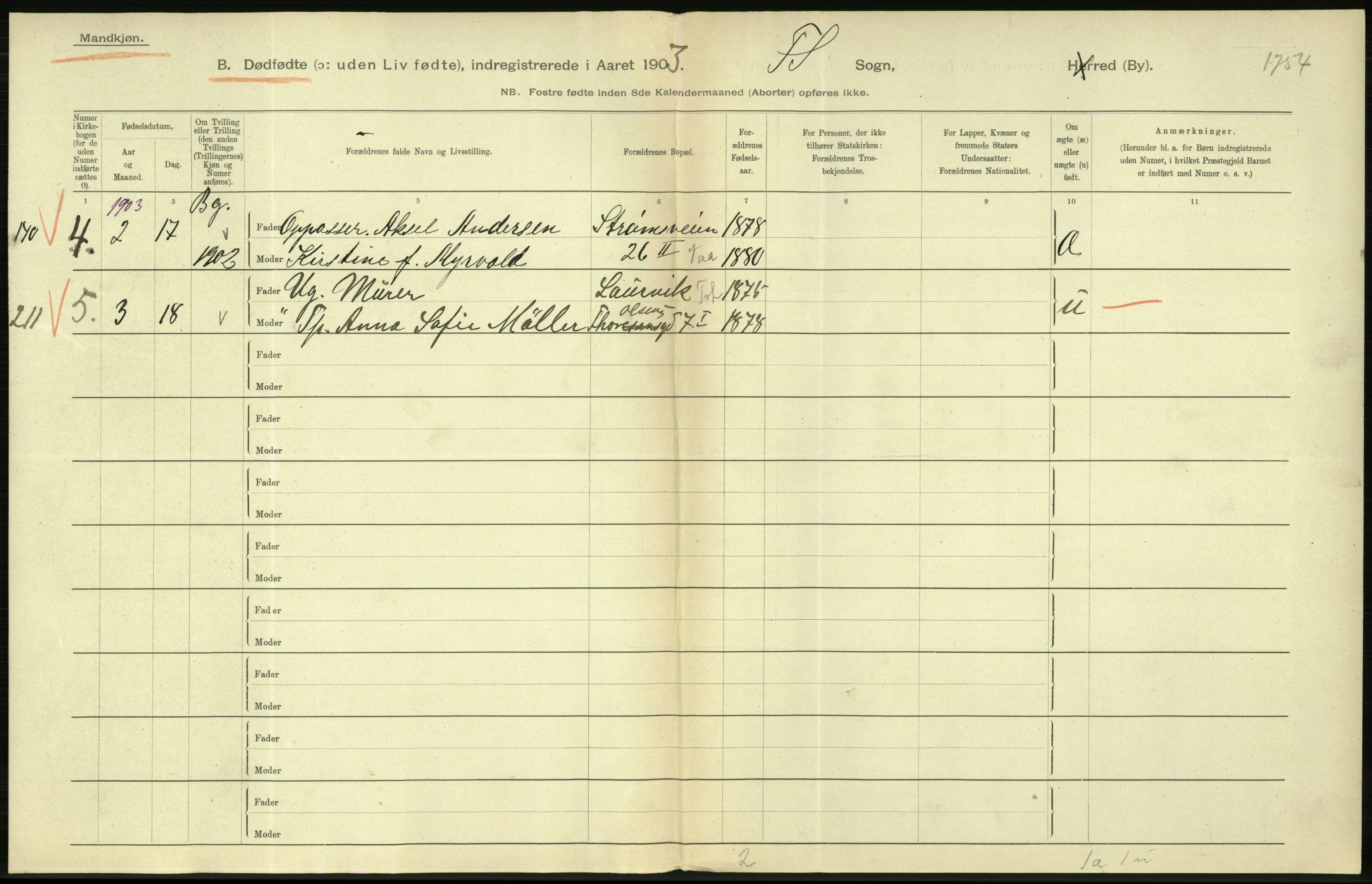 Statistisk sentralbyrå, Sosiodemografiske emner, Befolkning, AV/RA-S-2228/D/Df/Dfa/Dfaa/L0026: Smålenenes - Finnmarkens amt: Dødfødte. Byer., 1903, p. 56