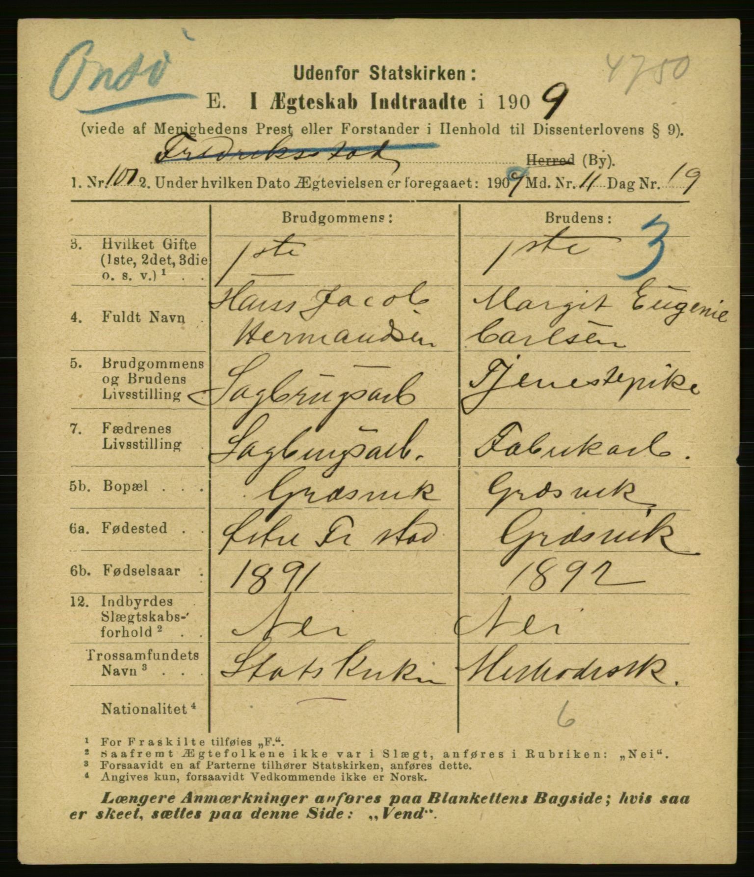 Statistisk sentralbyrå, Sosiodemografiske emner, Befolkning, AV/RA-S-2228/E/L0007: Fødte, gifte, døde dissentere., 1909, p. 1767