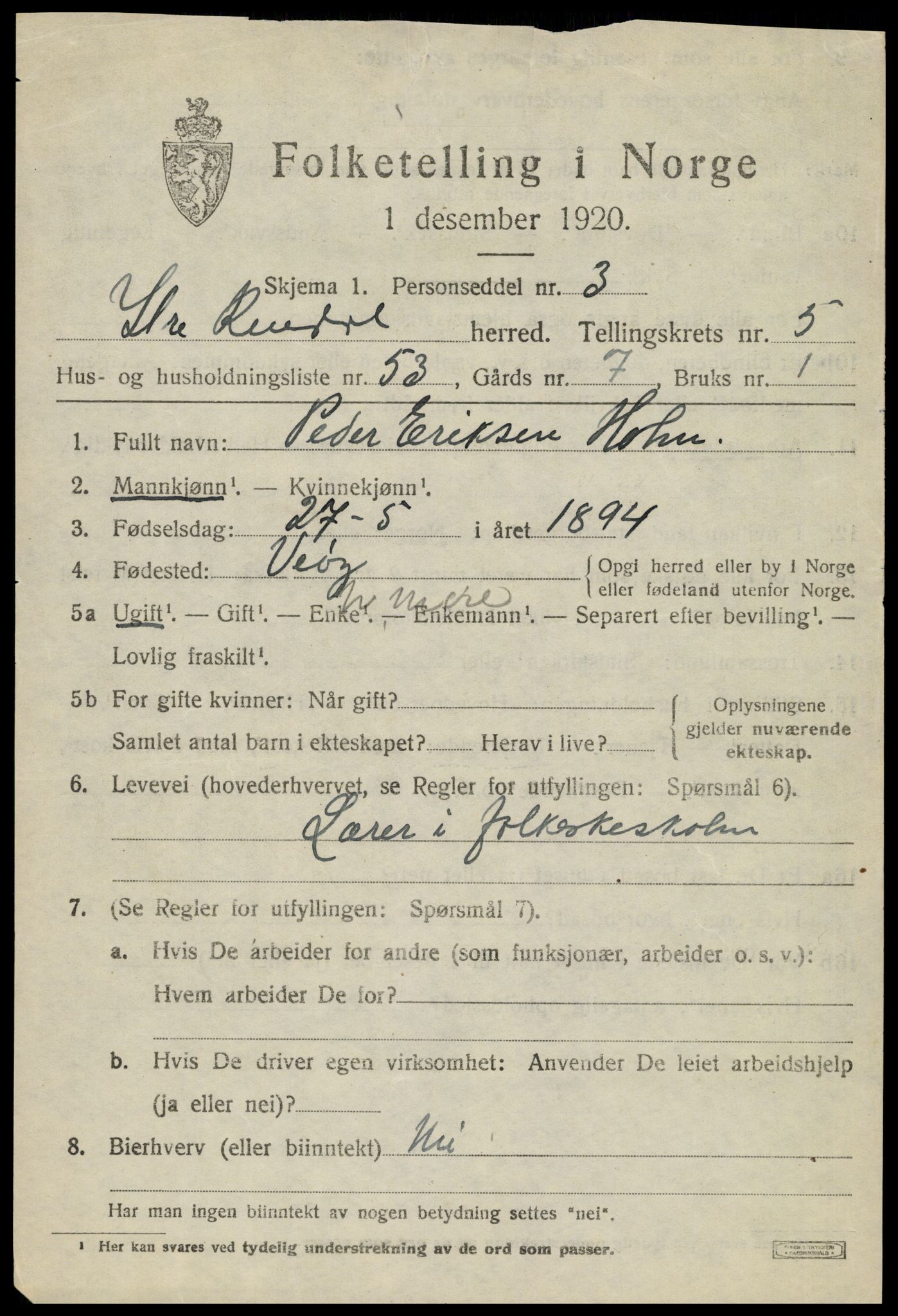 SAH, 1920 census for Ytre Rendal, 1920, p. 3315