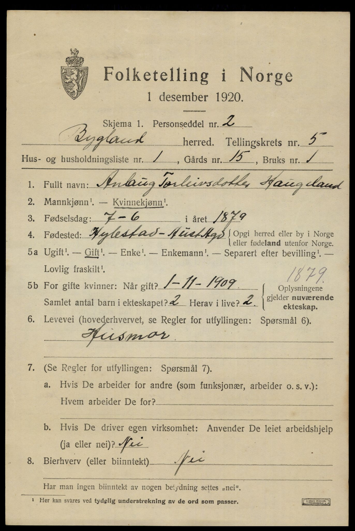 SAK, 1920 census for Bygland, 1920, p. 1855